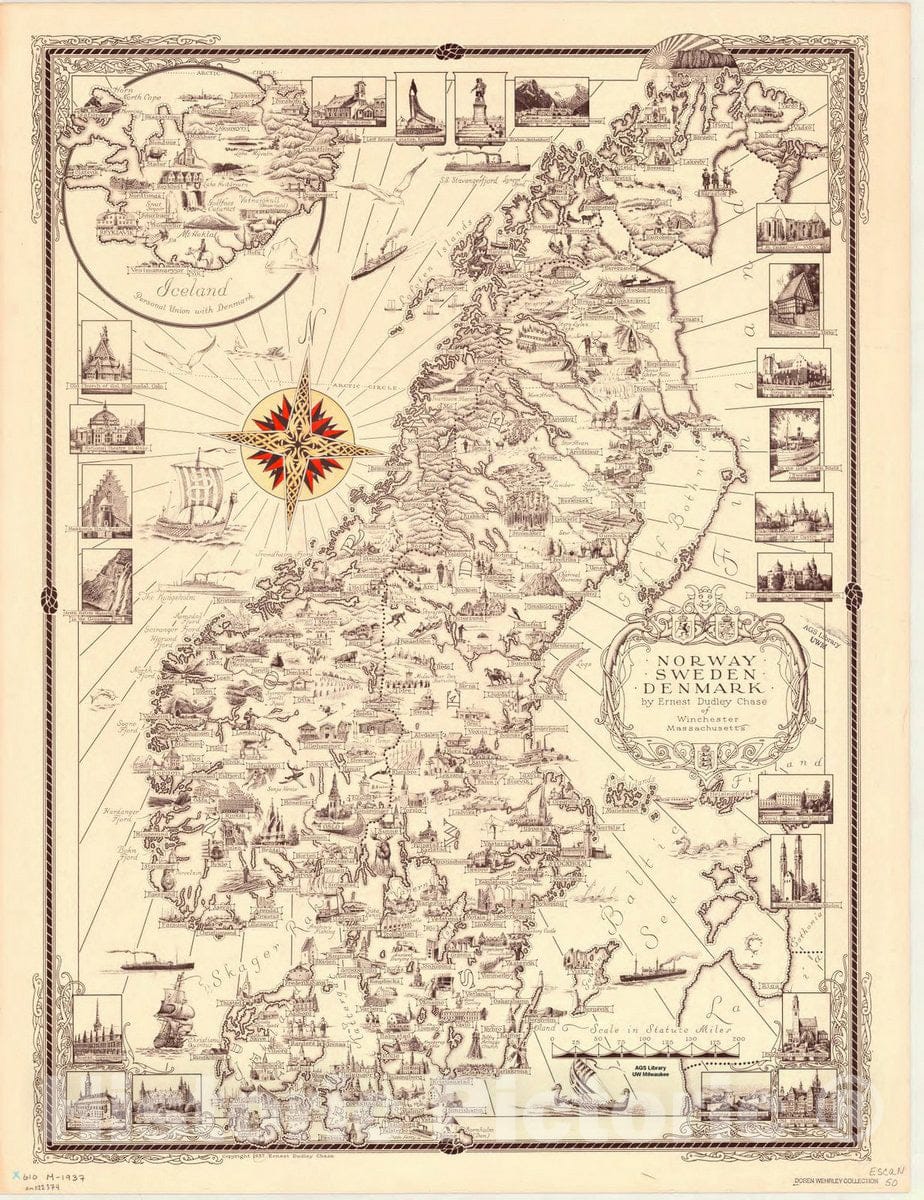 Map : Scandinavia 1937, Norway, Sweden, Denmark , Antique Vintage Reproduction