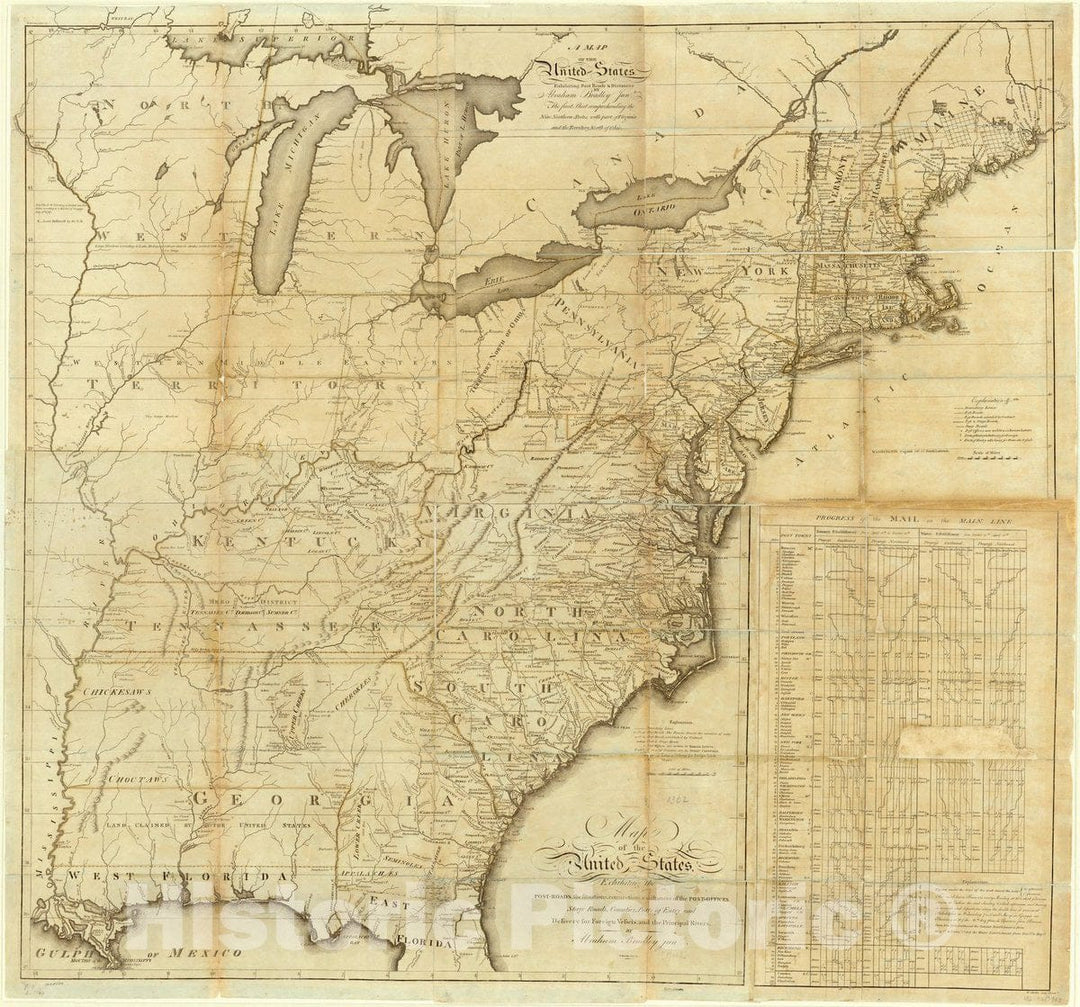 Map : United States post roads 1796, Antique Vintage Reproduction