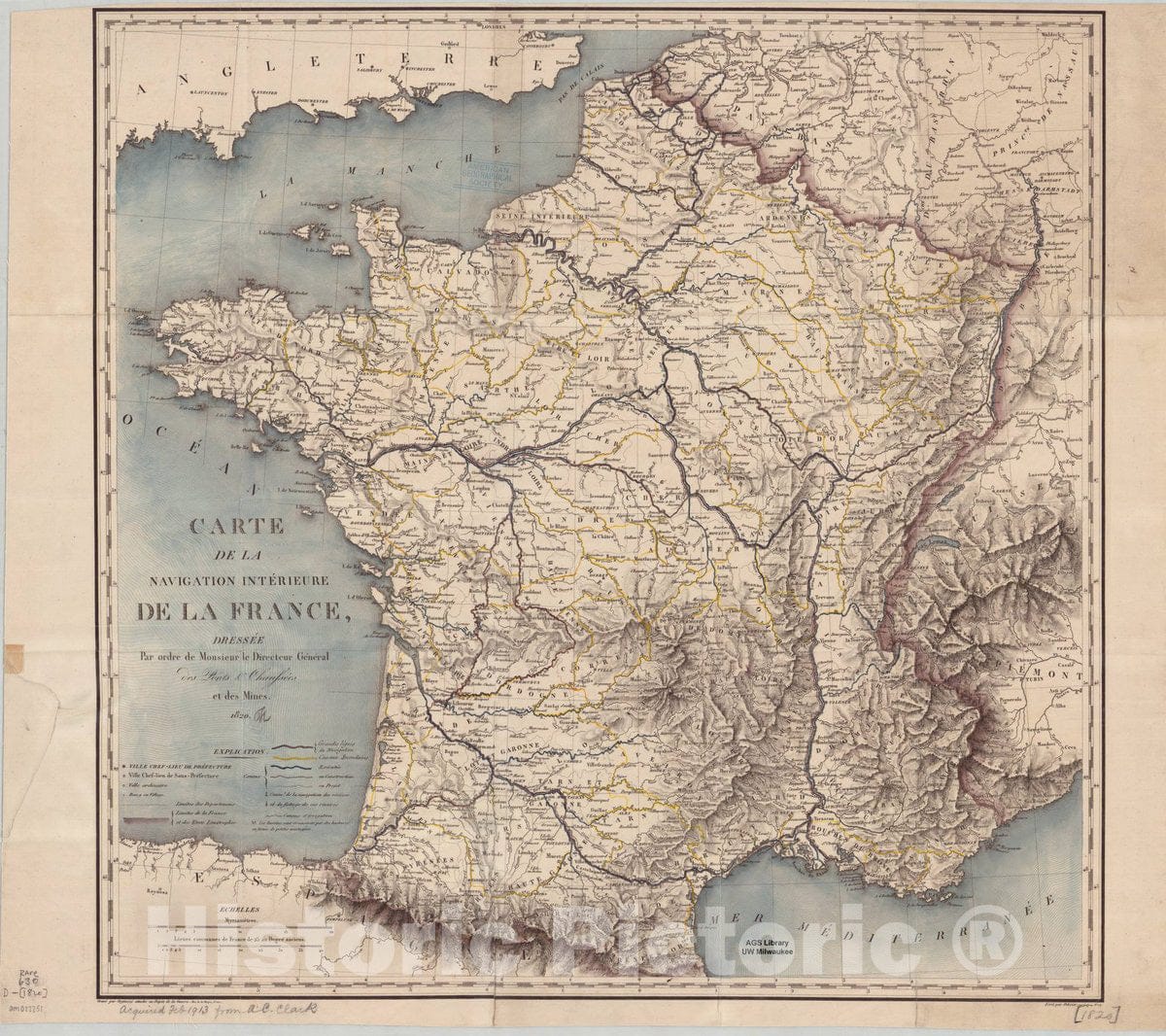 Map : France 1820, Carte de la navigation interieure de la France , Antique Vintage Reproduction