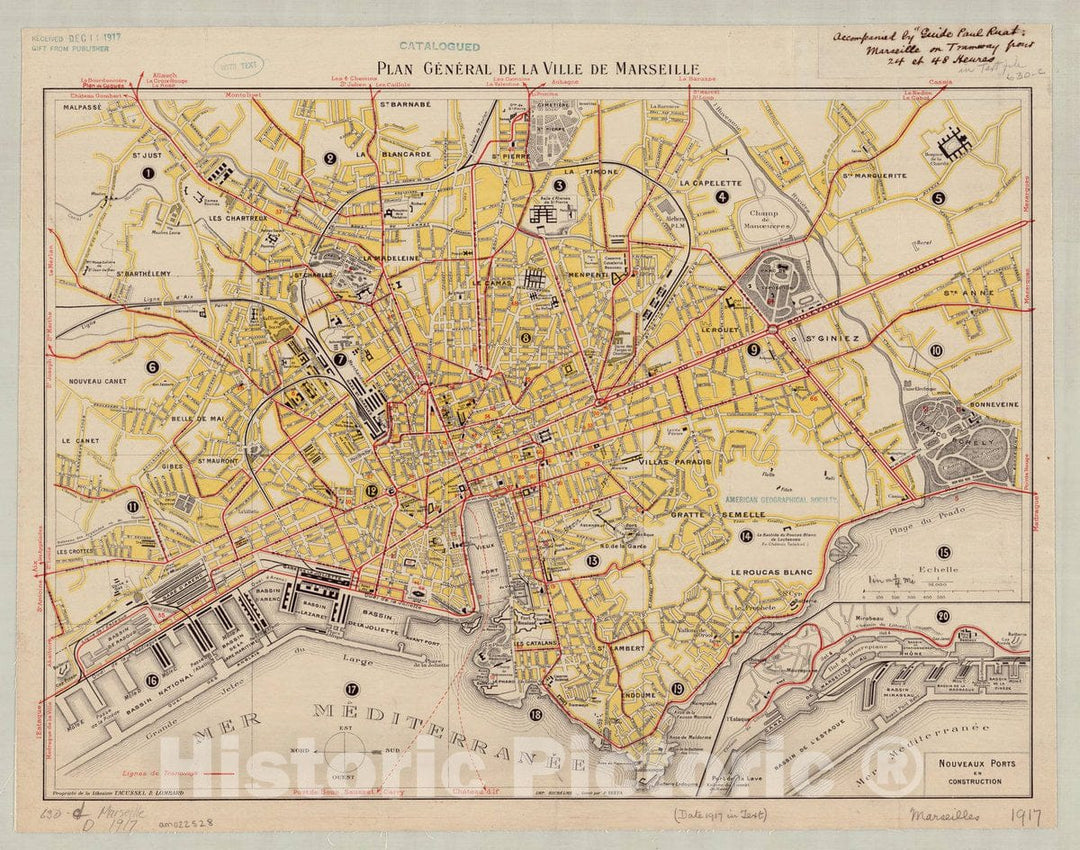 Map : Marseilles, France 1917, Plan general de la ville de Marseille , Antique Vintage Reproduction