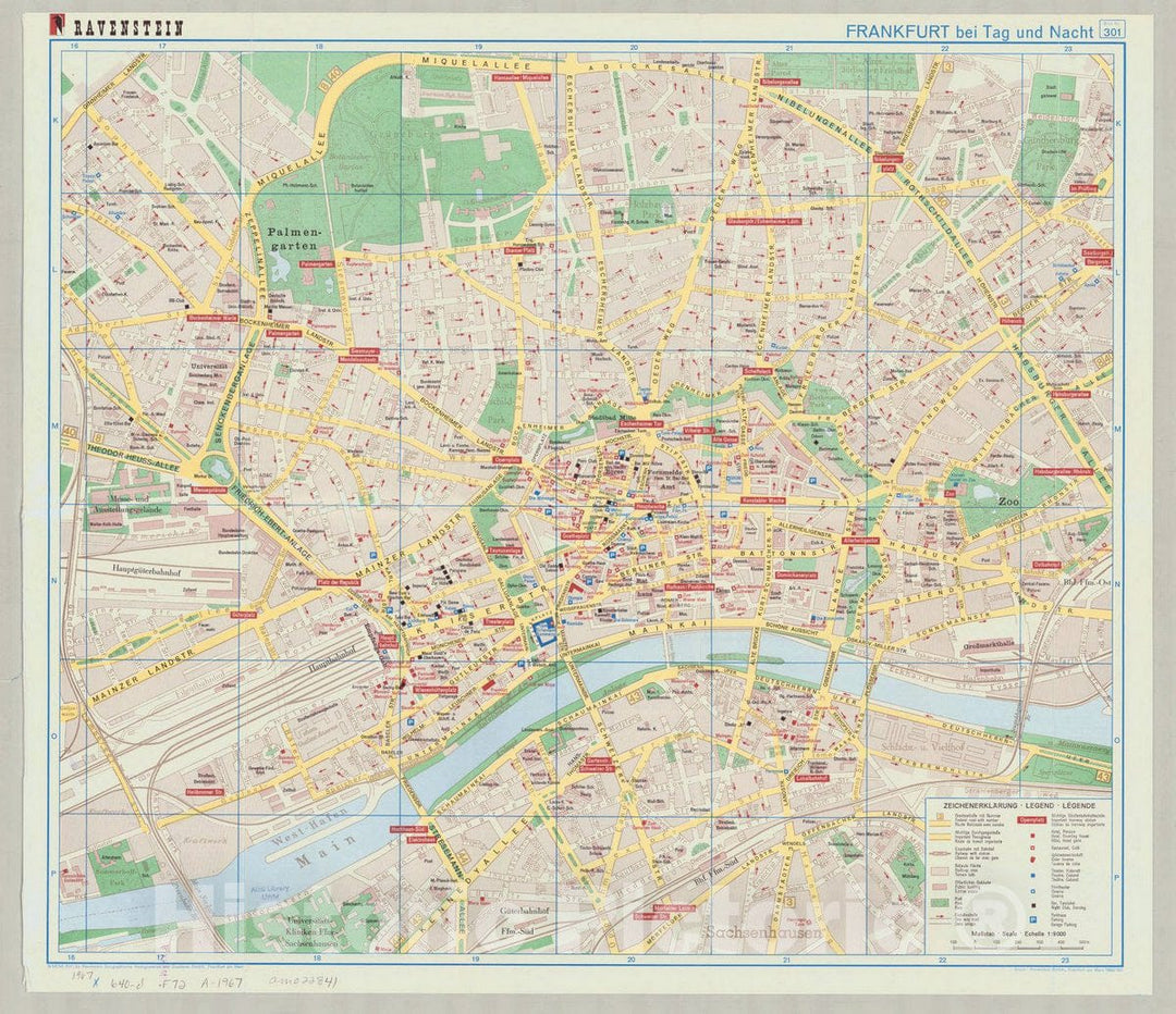 Map : nFrankfurt am Main, Germany 1967n, Frankfurt bei Tag und Nacht Stadtplan , Antique Vintage Reproduction