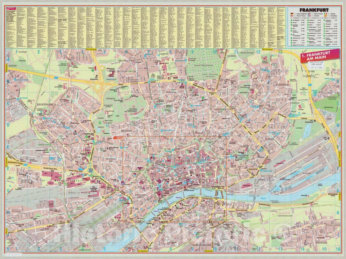 Map : Frankfurt am Main, Germany 2000 2, B&B city streets. Frankfurt am Main 1:12 000 innenstadtkarte , Antique Vintage Reproduction