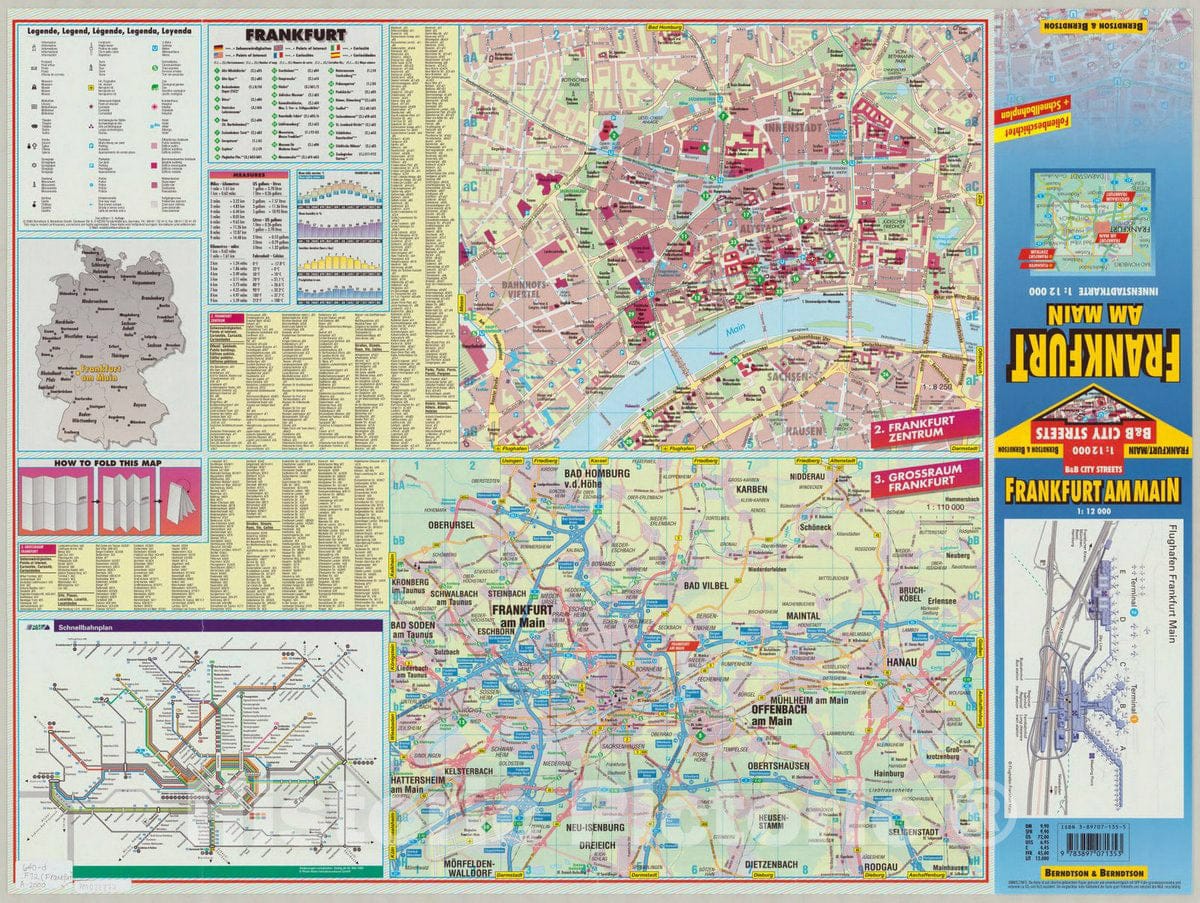 Map : Frankfurt am Main, Germany 2000 1, B&B city streets. Frankfurt am Main 1:12 000 innenstadtkarte , Antique Vintage Reproduction