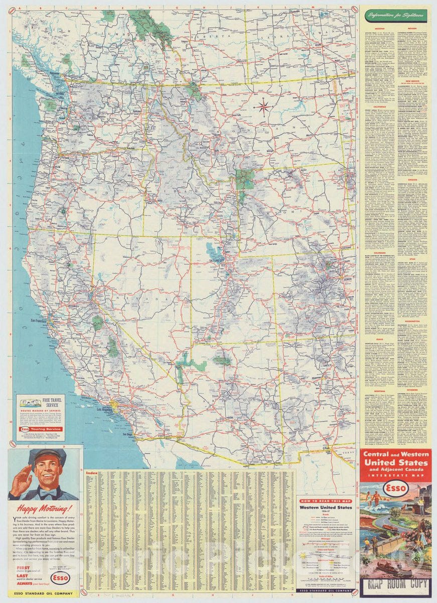 Map : United States 1956 2, Central and western United States and adjacent Canada interstate map , Antique Vintage Reproduction