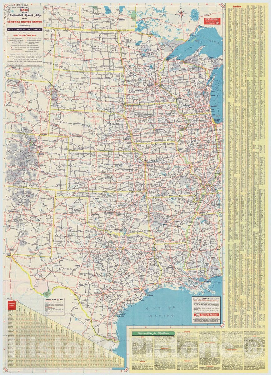 Map : United States 1952 1, Central and western United States and adjacent Canada interstate map , Antique Vintage Reproduction