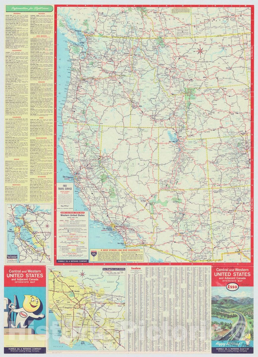 Map : United States, western 1962 1, Central and western United States and adjacent Canada interstate map , Antique Vintage Reproduction