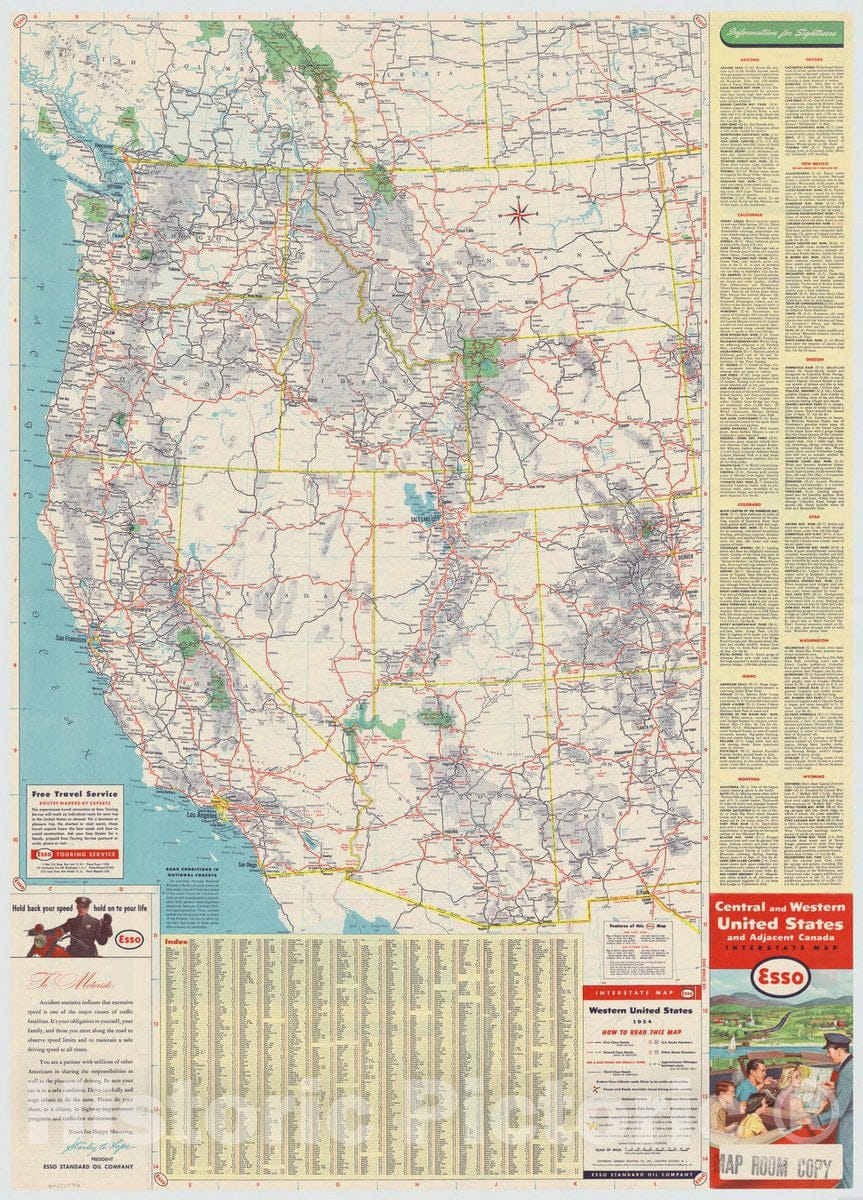 Map : United States 1954 1, Central and western United States and adjacent Canada interstate map , Antique Vintage Reproduction