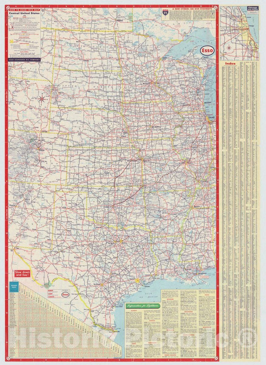 Map : United States 1958 1, Central and western United States and adjacent Canada interstate map, Antique Vintage Reproduction