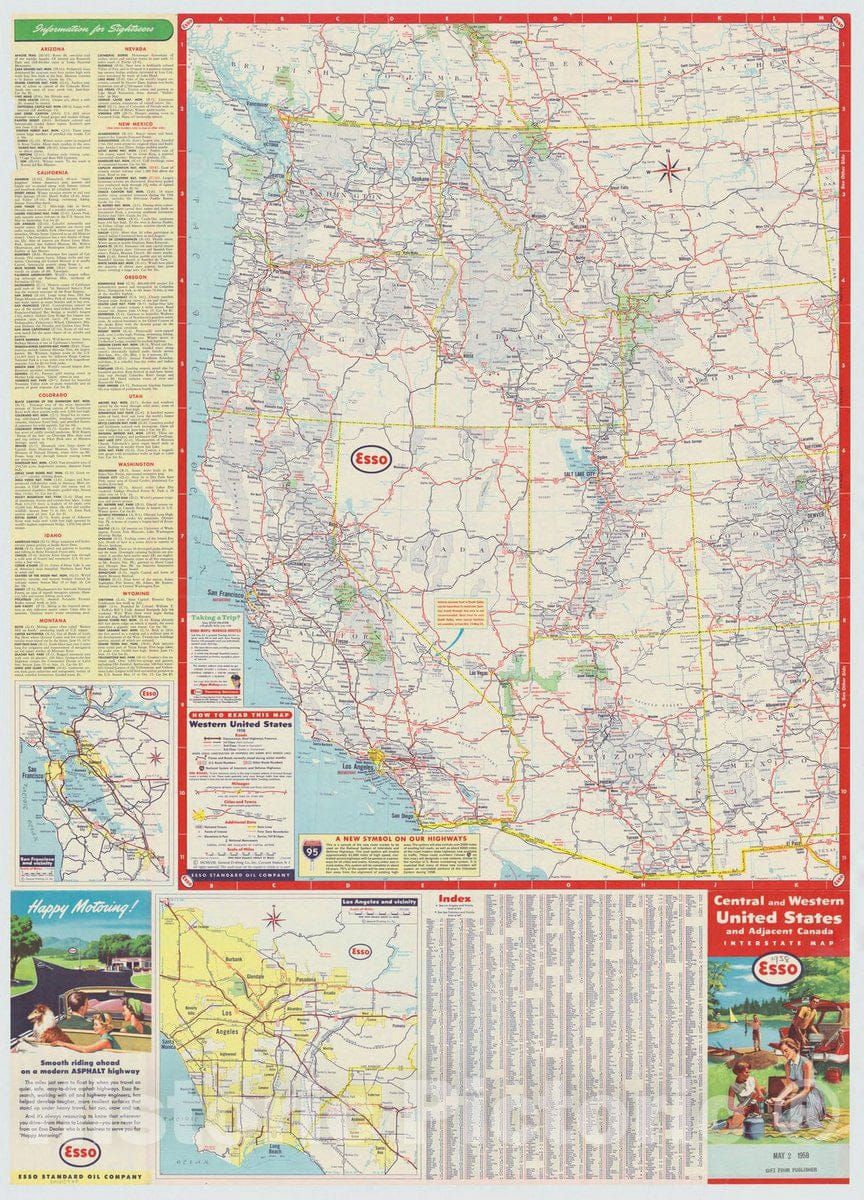 Map : United States 1958 2, Central and western United States and adjacent Canada interstate map, Antique Vintage Reproduction