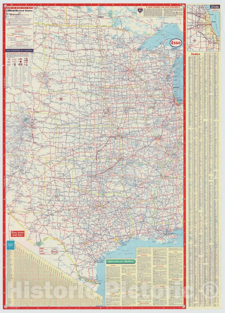 Map : United States 1959 2, Central and western United States and adjacent Canada interstate map , Antique Vintage Reproduction