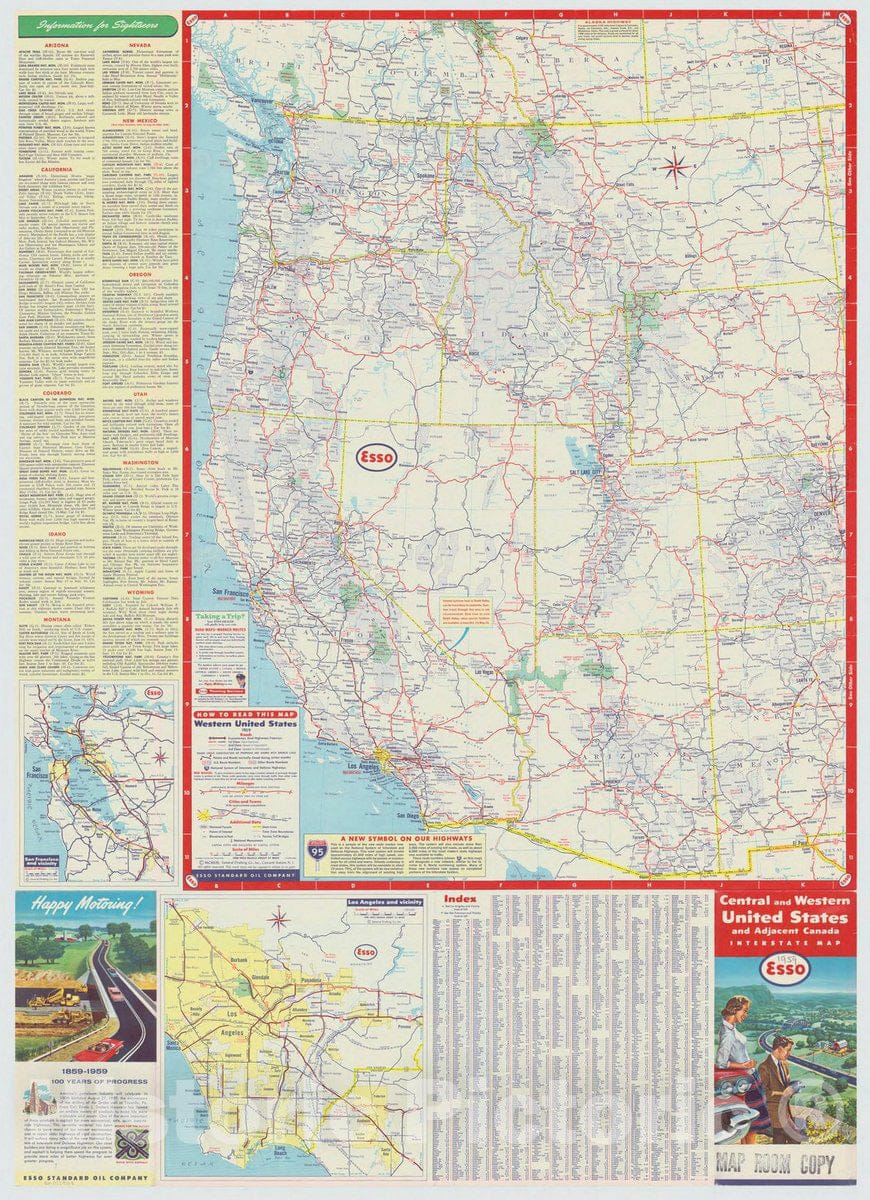 Map : United States 1959 1, Central and western United States and adjacent Canada interstate map , Antique Vintage Reproduction