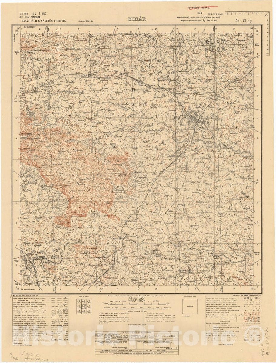 Map : Hazaribagh, & Manbhum Districts, Bihar, No. 73 I/S.W. 1929, India and adjacent countries, Antique Vintage Reproduction