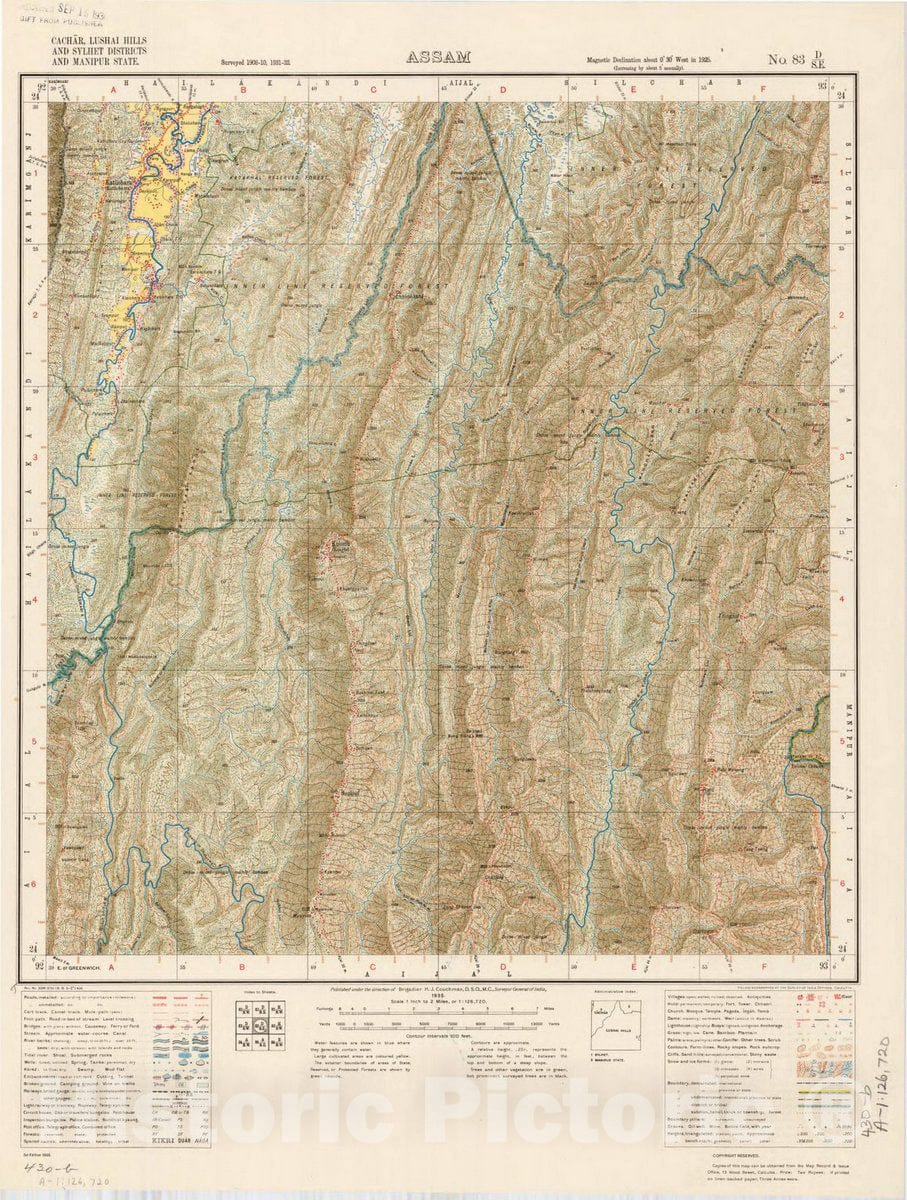 Map : Cachar, Lushai Hills and Sylhet Districts and Manipur State, Assam, No. 83 D/S.E. 1935, India and adjacent countries, Antique Vintage Reproduction