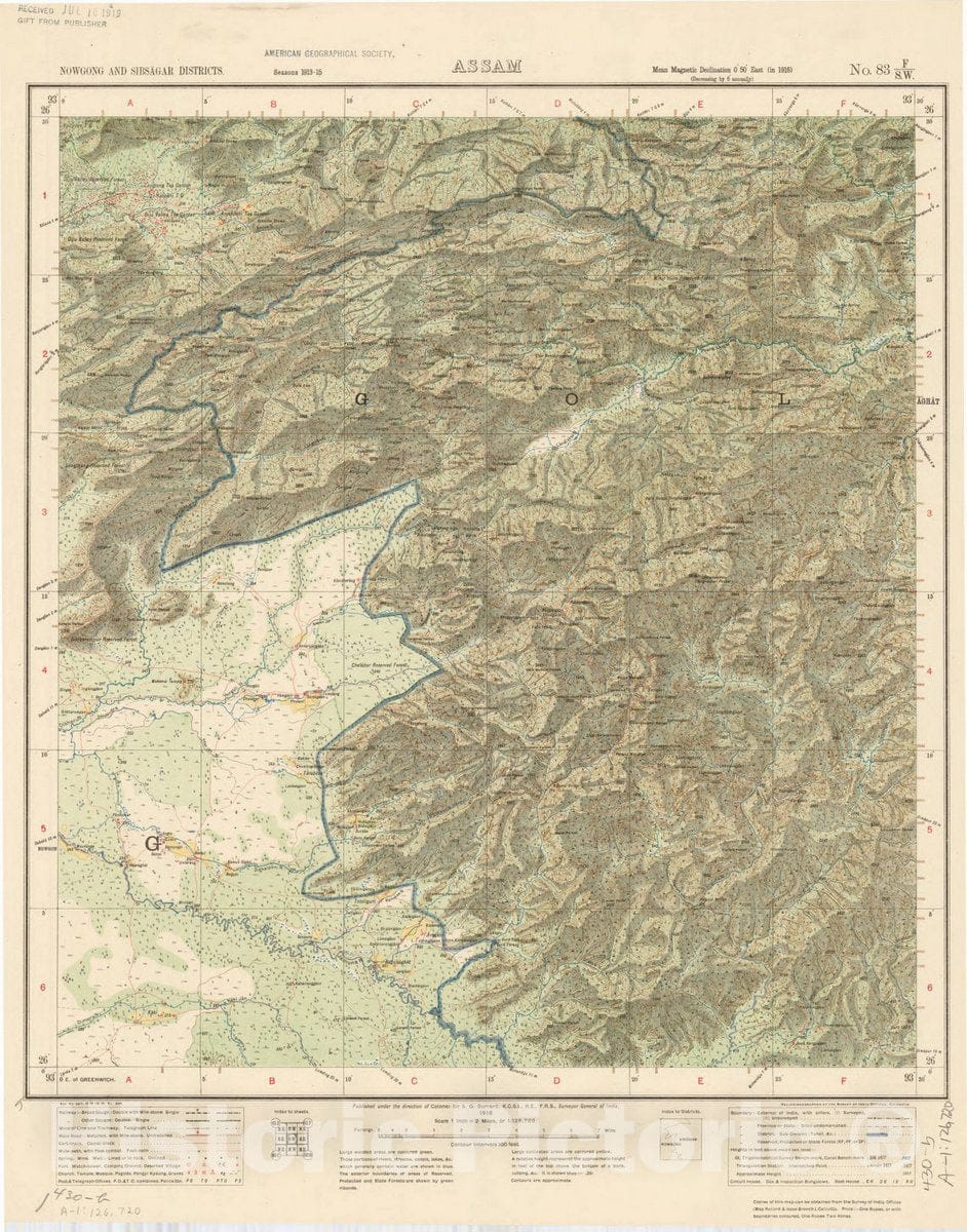 Map : Nowgong and Sibsagar Districts, Assam, No. 83 F/S.W. 1918, India and adjacent countries, Antique Vintage Reproduction