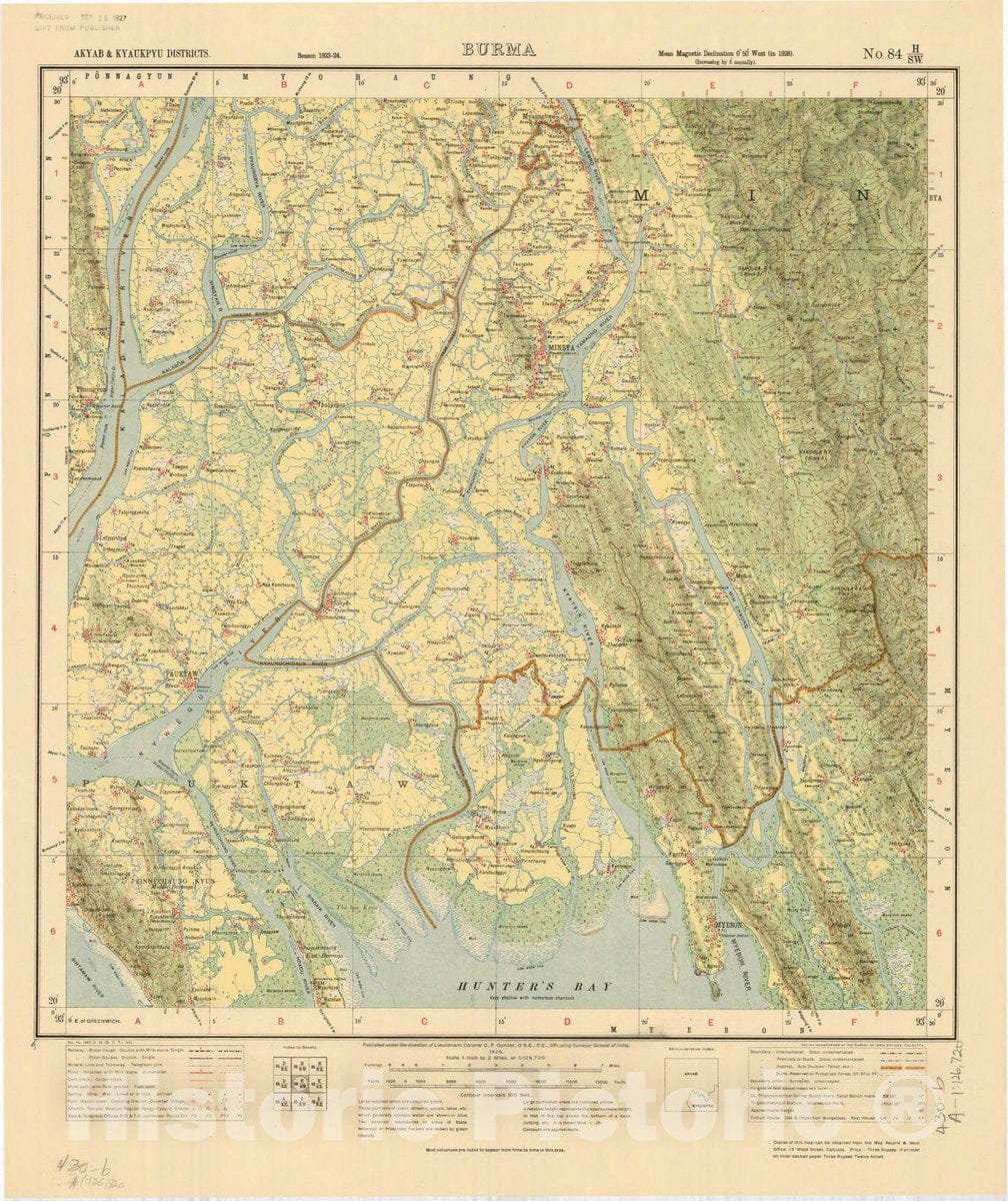 Map : Akyab & Kyaukpyu Districts, Burma, No. 84 H/S.W. 1926, India and adjacent countries, Antique Vintage Reproduction