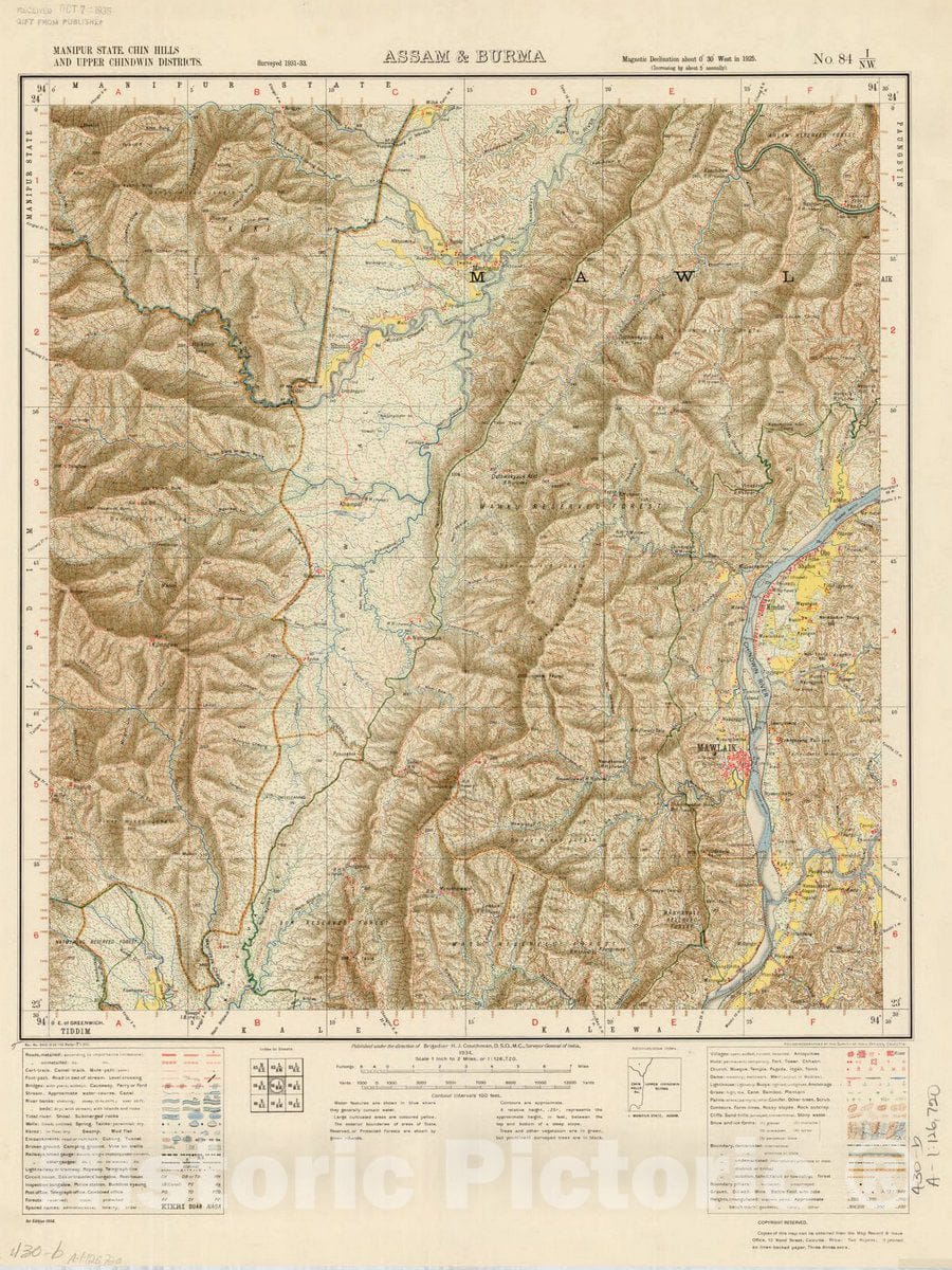 Map : Manipur State, Chin Hills and Upper Chindwin District, Assam & Burma, No. 84 I/N.W. 1934, India and adjacent countries, Antique Vintage Reproduction