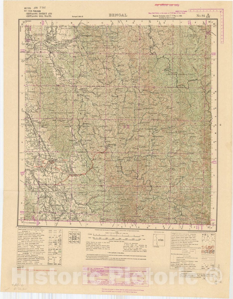 Map : Chittagon District and Chittagong Hill Tracts, Bengal No. 84 B/S.W. 1943, India and adjacent countries, Antique Vintage Reproduction