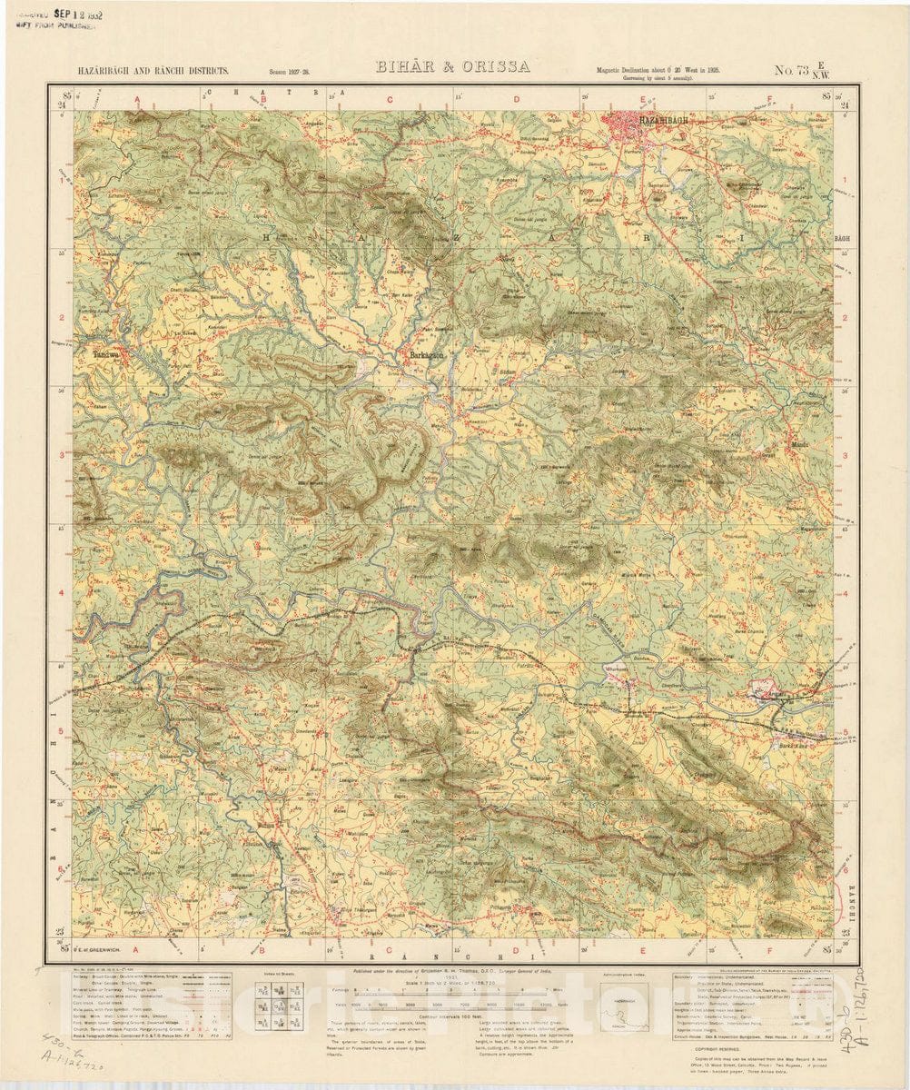 Map : Hazaribagh and Ranchi Districts, Bihar & Orissa No. 73 E/N.W. 1931, India and adjacent countries, Antique Vintage Reproduction