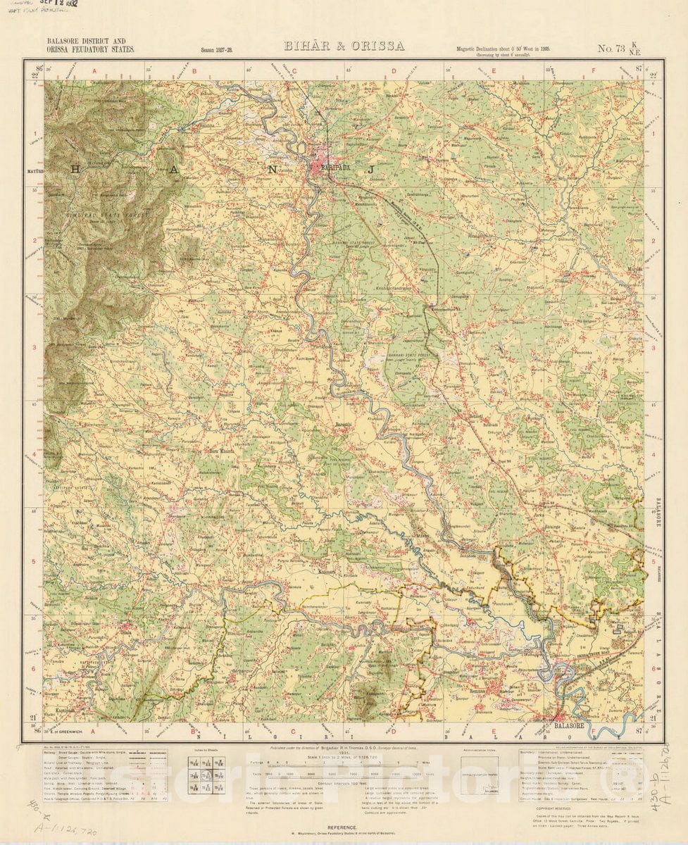 Map : Balasore District and Orissa Feudatory States, Bihar & Orissa, No. 73 K/N.E. 1931, India and adjacent countries, Antique Vintage Reproduction