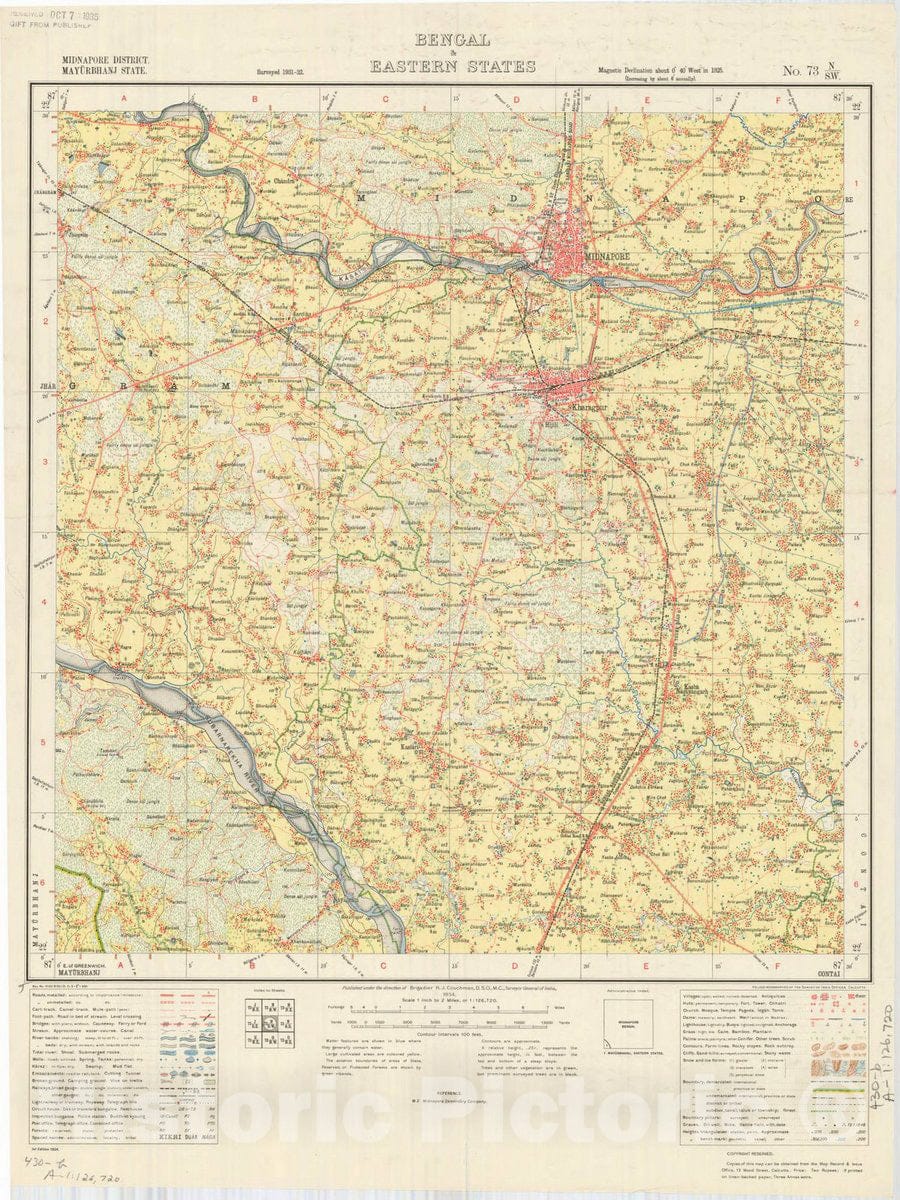 Map : Midnapore District, Mayurbhanj State, Bengal & eastern states, no. 73 N/S.W. 1934, India and adjacent countries, Antique Vintage Reproduction