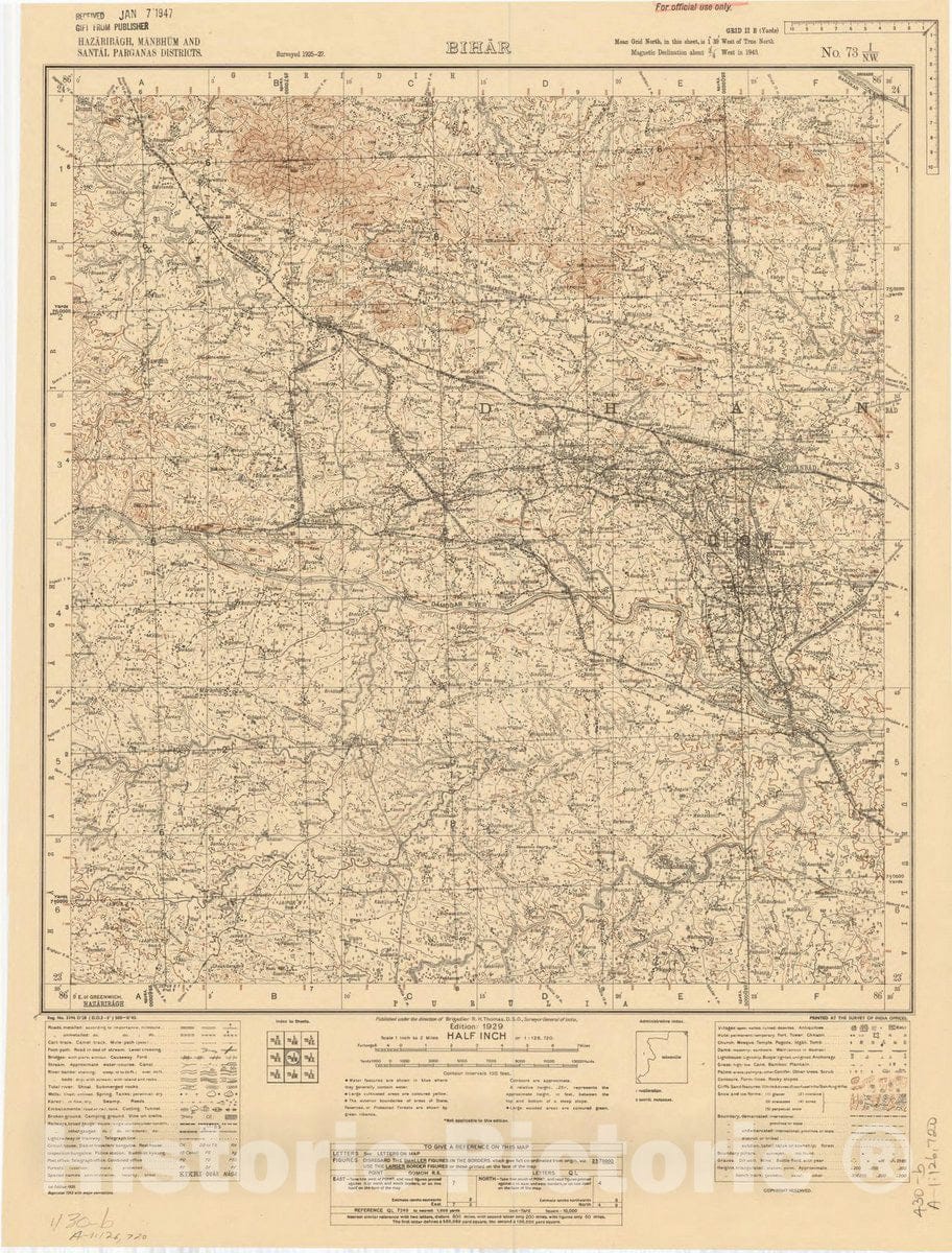 Map : Hazaribagh, Manbhum and Santal Parganas District, Bihar, No. 73 I/N.W. 1929, India and adjacent countries, Antique Vintage Reproduction