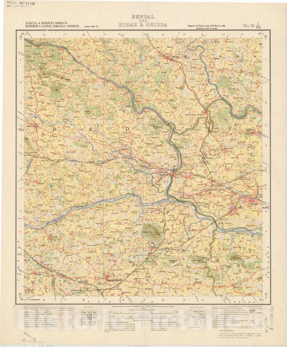 Map : Bankura & Burdwan Districts, Manbhum & Santal Parganas Districts, Bengal and Bihar & Orissa, No. 73 I/N.E. 1931, India and adjacent countries