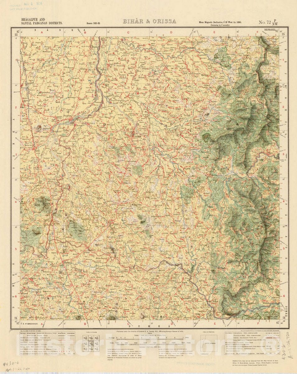 Map : Bhagalpur and Santal Parganas Districts, Bihar & Orissa, No. 72 P/N.W. 1924, India and adjacent countries, Antique Vintage Reproduction