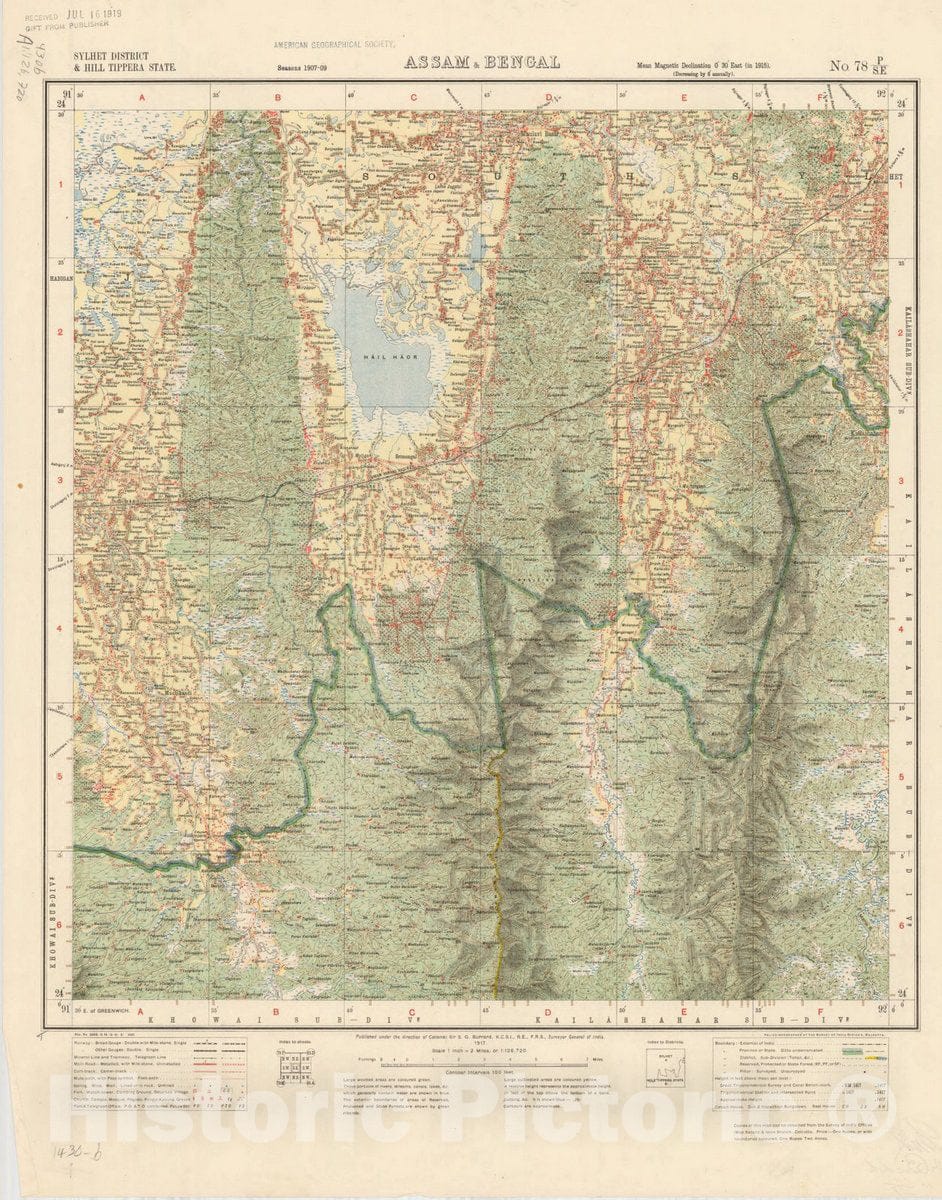 Map : Sylhet District & Hill Tippera State, Assam & Bengal, No. 78 P/S.E. 1917, India and adjacent countries, Antique Vintage Reproduction