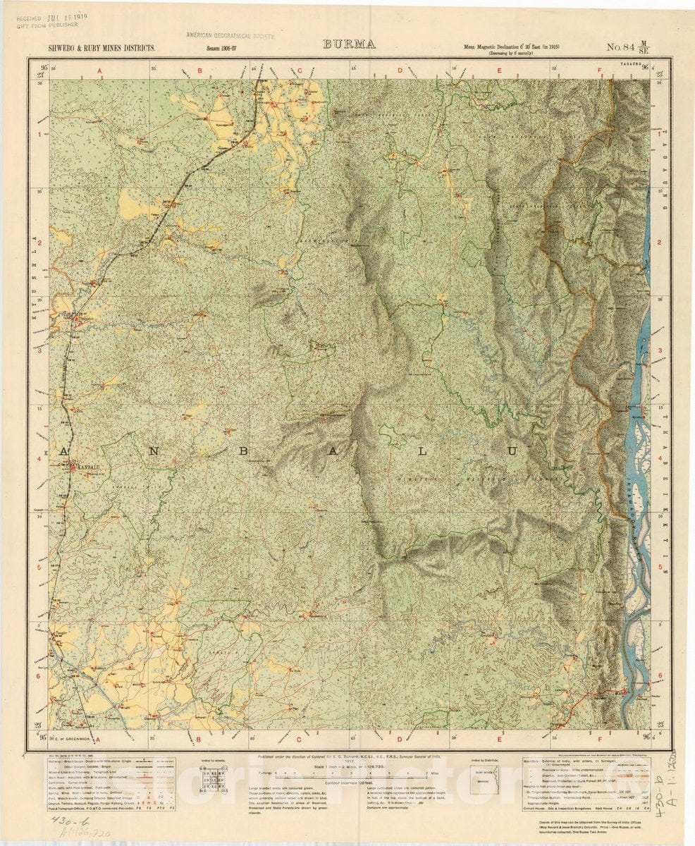 Map : Shwebo & Ruby Mines District, Burma, No. 84 M/S.E. 1917, India and adjacent countries, Antique Vintage Reproduction