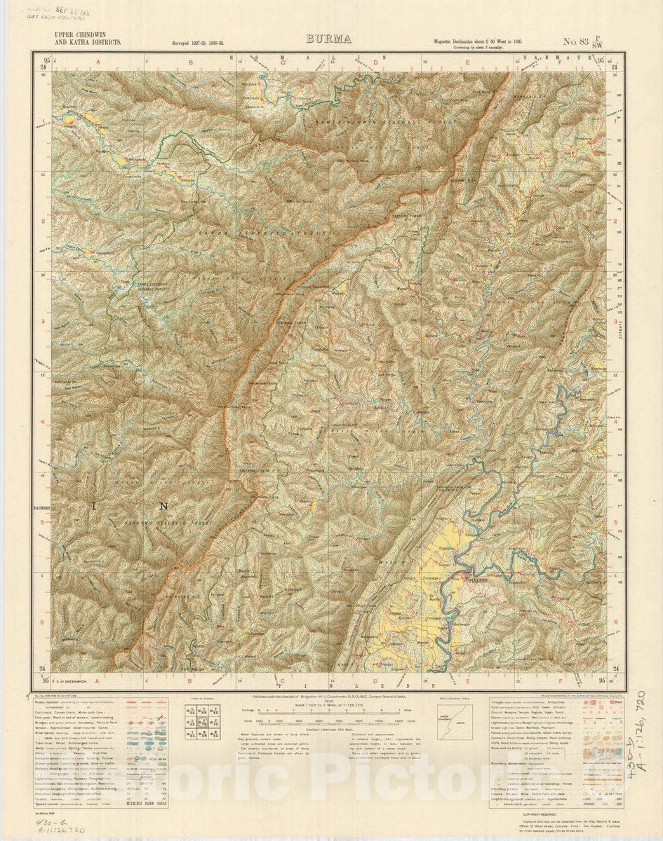 Map : Upper Chindwin and Katha Districts, Burma, No. 83 P/S.W. 1934, India and adjacent countries, Antique Vintage Reproduction