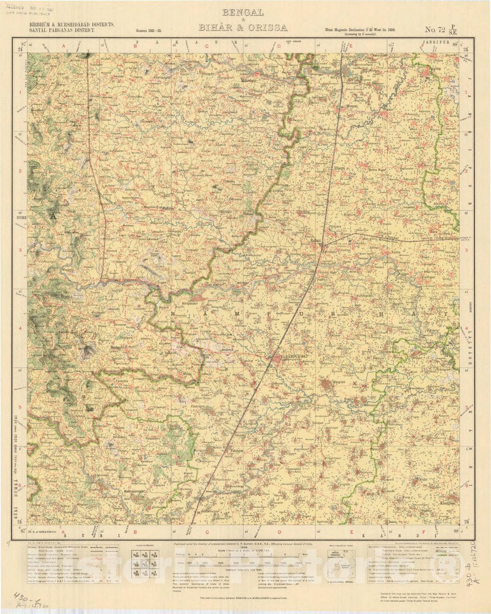 Map : Birbhum & Murshidabad Districts, Santal Parganas District, Bengal & Bihar &Orissa, No. 72 P/S.E. 1926, India and adjacent countries, Antique Vintage Reproduction