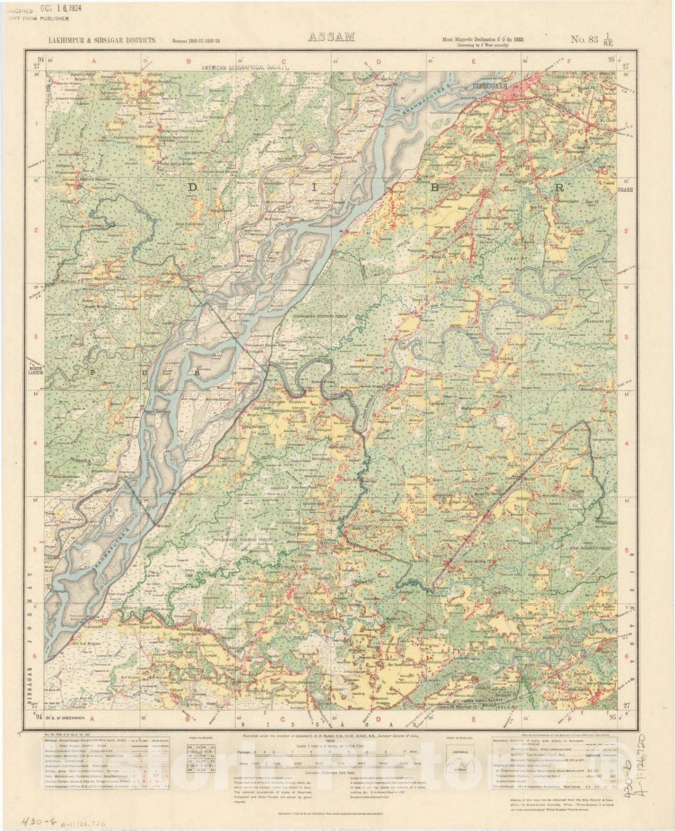 Map : Lakhimpur & Sinbsagar Districts, Assam, No. 83 I/S.E. 1922, India and adjacent countries, Antique Vintage Reproduction