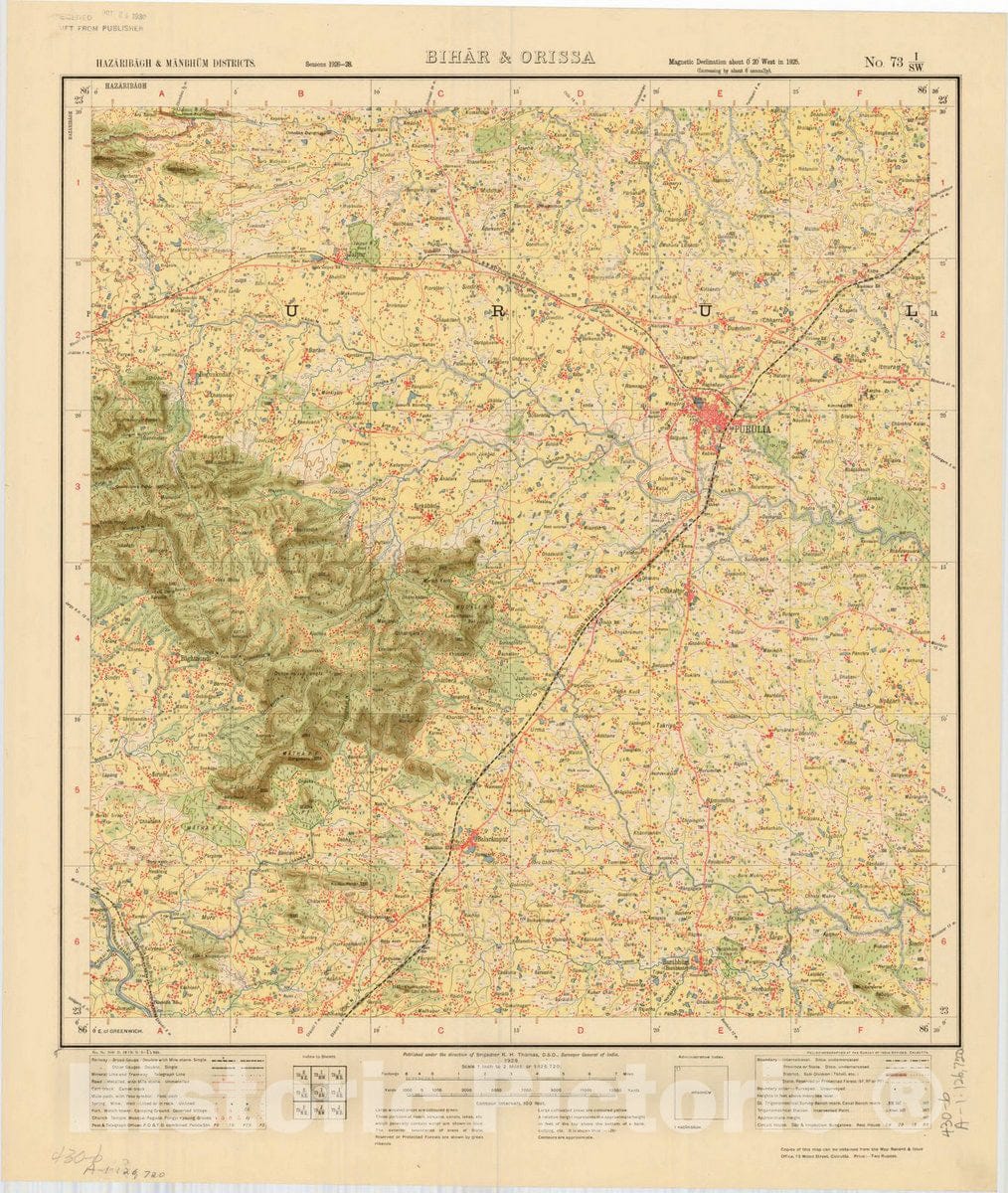 Map : Hazaribagh & Manbhum Districts, Bihar & Orissa, No. 73 I/S.W. 1929, India and adjacent countries, Antique Vintage Reproduction