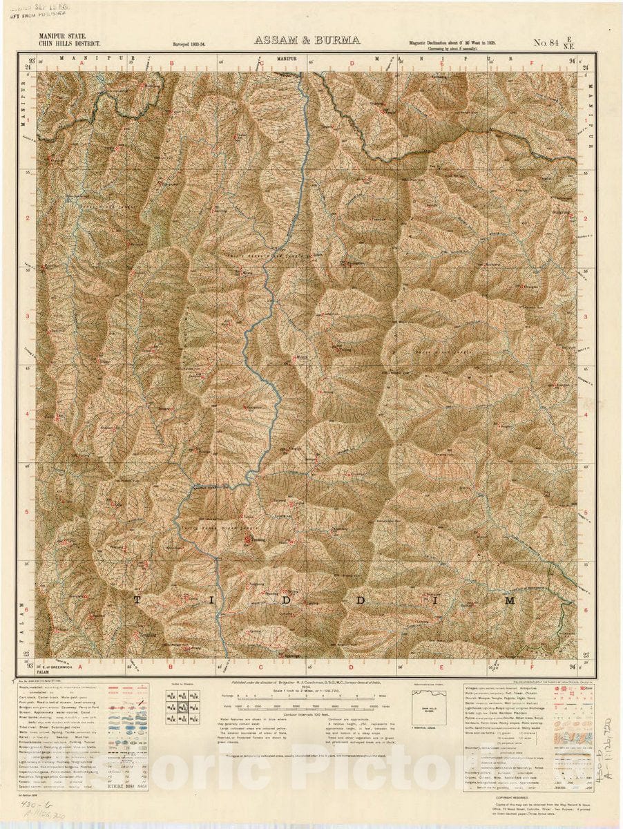 Map : Manipur State, Chin Hills District, Assam & Burma, No. 84 E/N.E. 1934, India and adjacent countries, Antique Vintage Reproduction