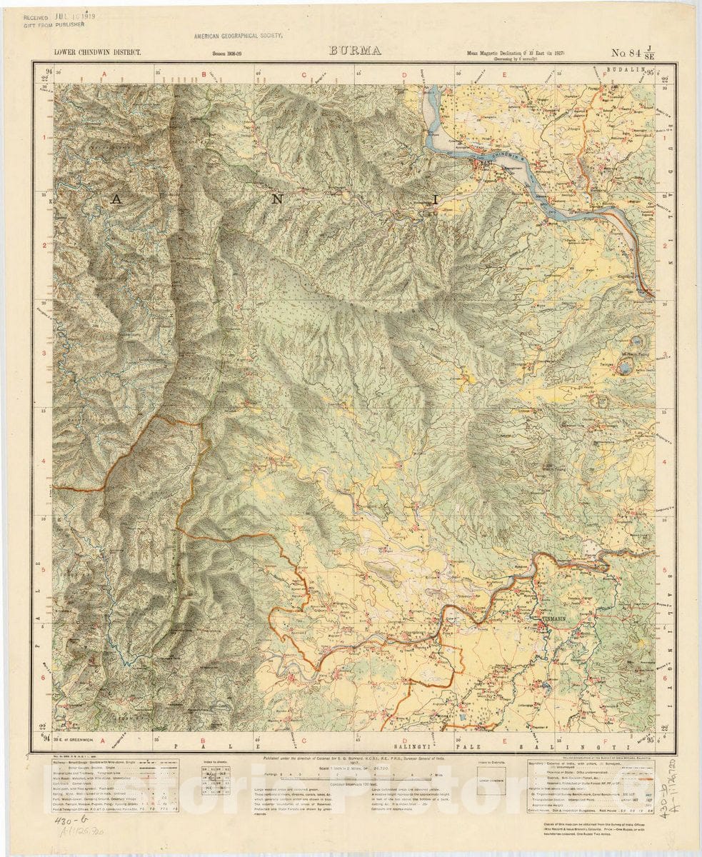 Map : Lower Chindwin District, Burma, No. 84 J/S.E. 1917, India and adjacent countries, Antique Vintage Reproduction