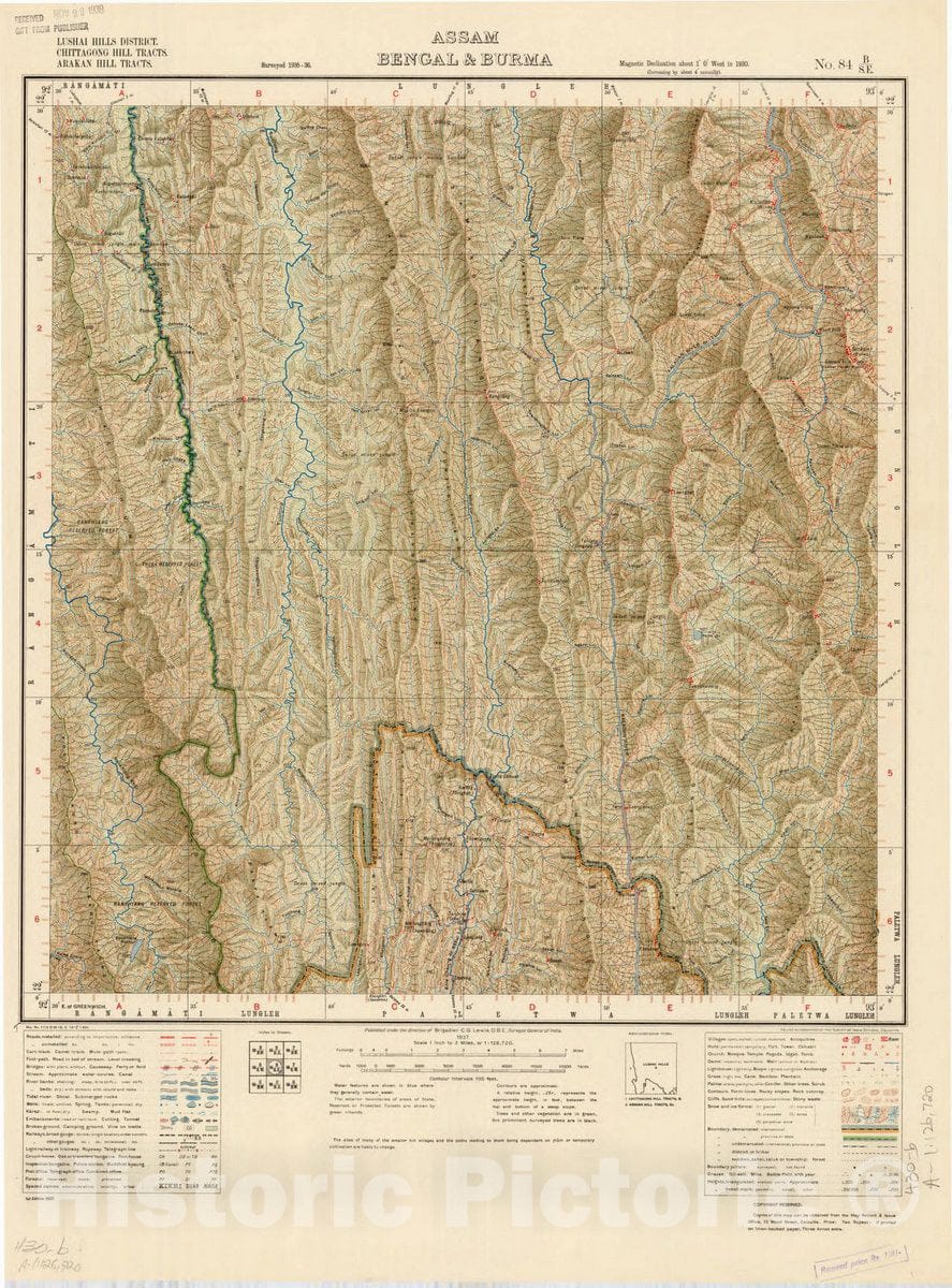 Historic Map : Lushai Hills District, Chittagong Hill Tracts, Arakan Hill Tracts, Assam, Bengal & Burma No. 84 B/S.E. 1937, India and adjacent countries, Antique Vintage Reproduction