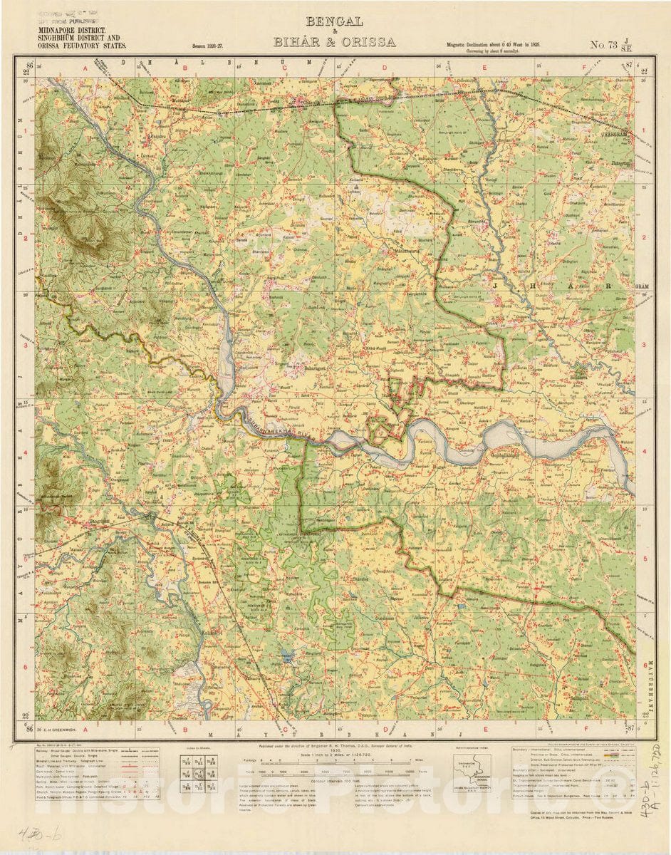 Map : Midnapore District, Singhbhum District and Orissa Feudatory States, Bengal & Bihar & Orissa, No. 73 J/W.E. 1930, India and adjacent countries