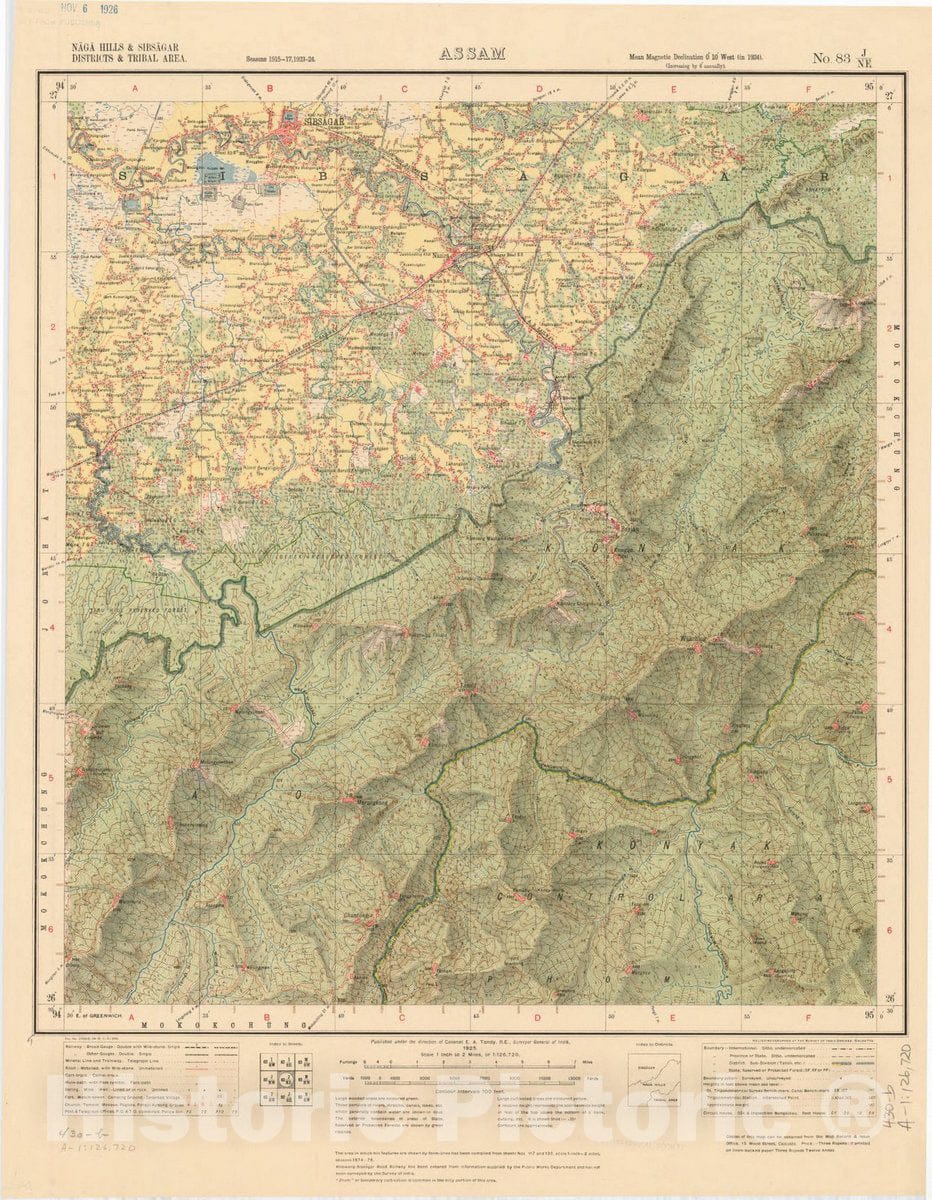 Map : Naga Hills & Sibsagar Districts & Tribal area, Assam, No. 83 J/N.E. 1925, India and adjacent countries, Antique Vintage Reproduction