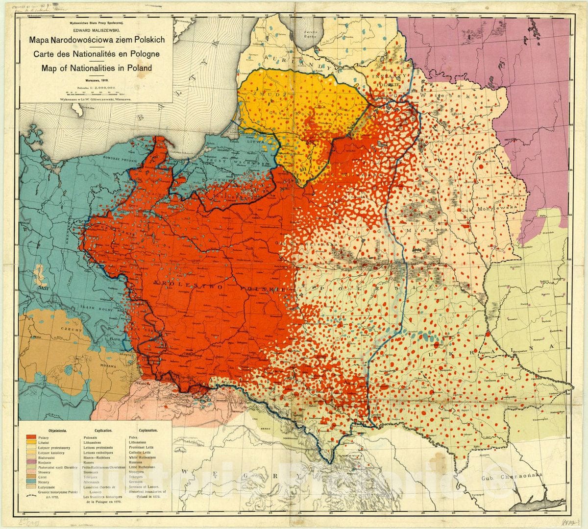 Map : Poland 1919, Mapa narodowosciowa ziem Polskich, Carte des nationalites en Pologne, Map of nationalities in Poland , Antique Vintage Reproduction