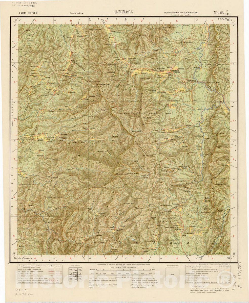 Map : Katha District, Burma, No. 83 P/S.E. 1932, India and adjacent countries, Antique Vintage Reproduction