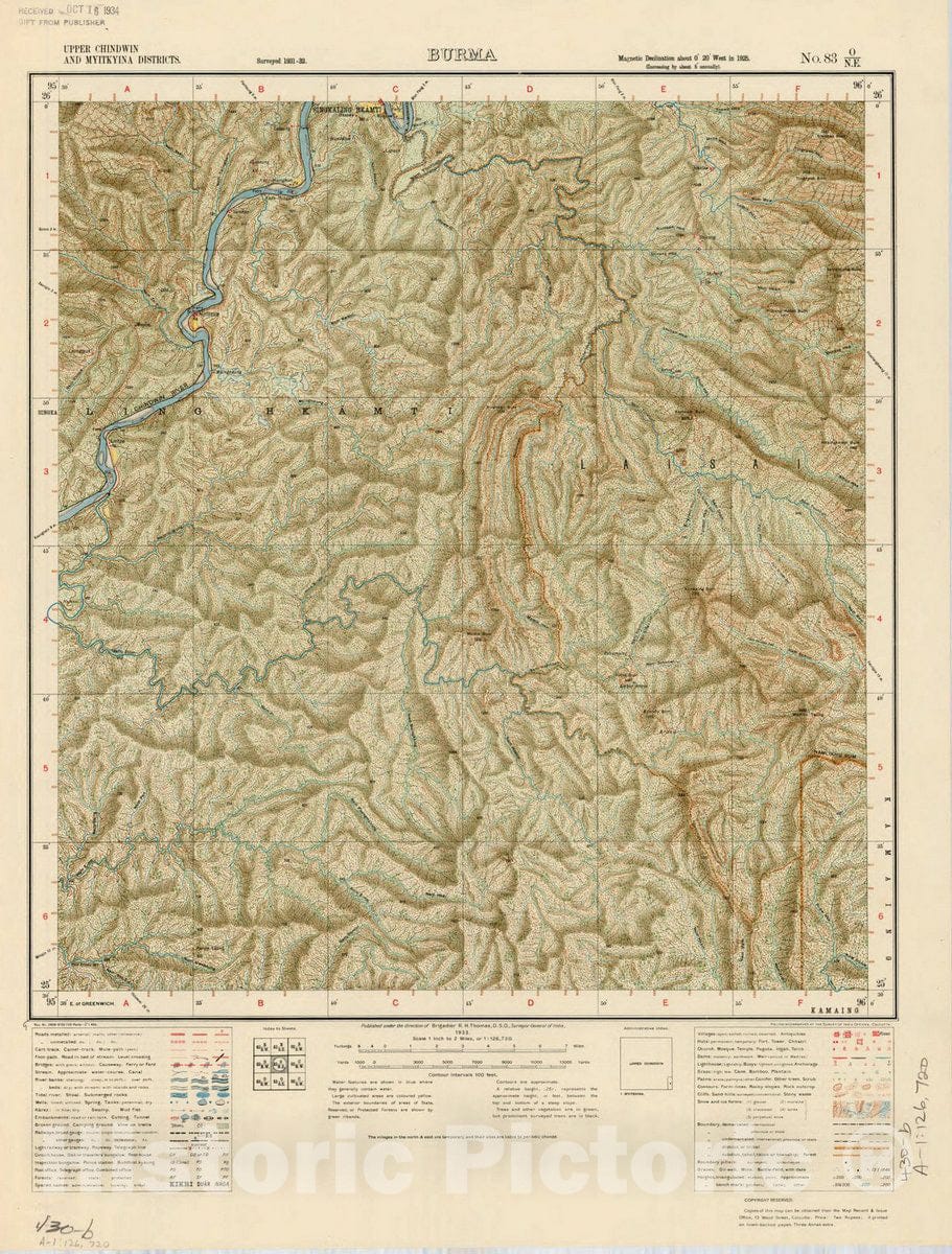 Map : Upper Chindwin and Myitkyina Districts, Burma, No. 83 O/N.E. 1933, India and adjacent countries, Antique Vintage Reproduction