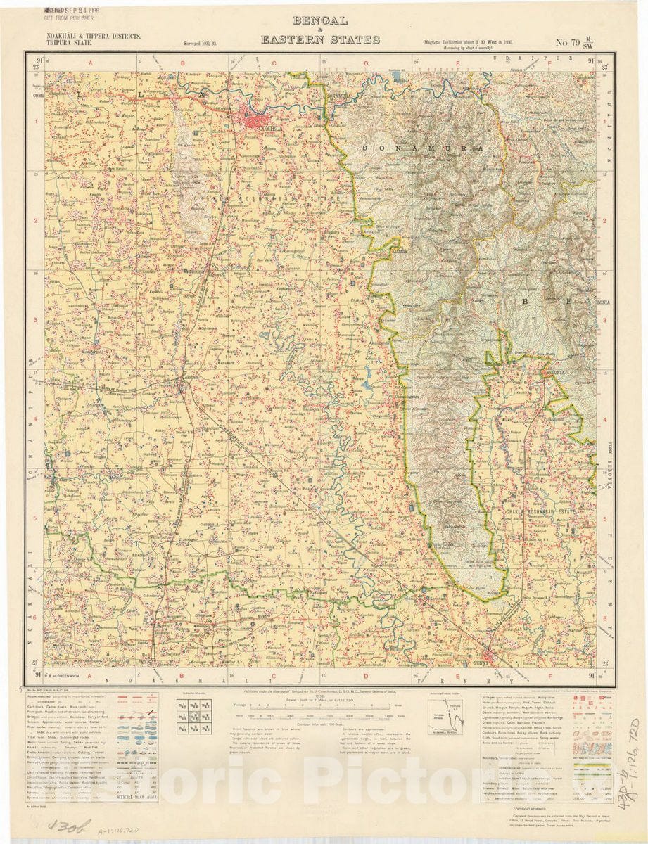 Map : Noakhali & Tippera Districts, Tripura State, Bengal & eastern States, No. 79 M/S.W. 1936, India and adjacent countries, Antique Vintage Reproduction