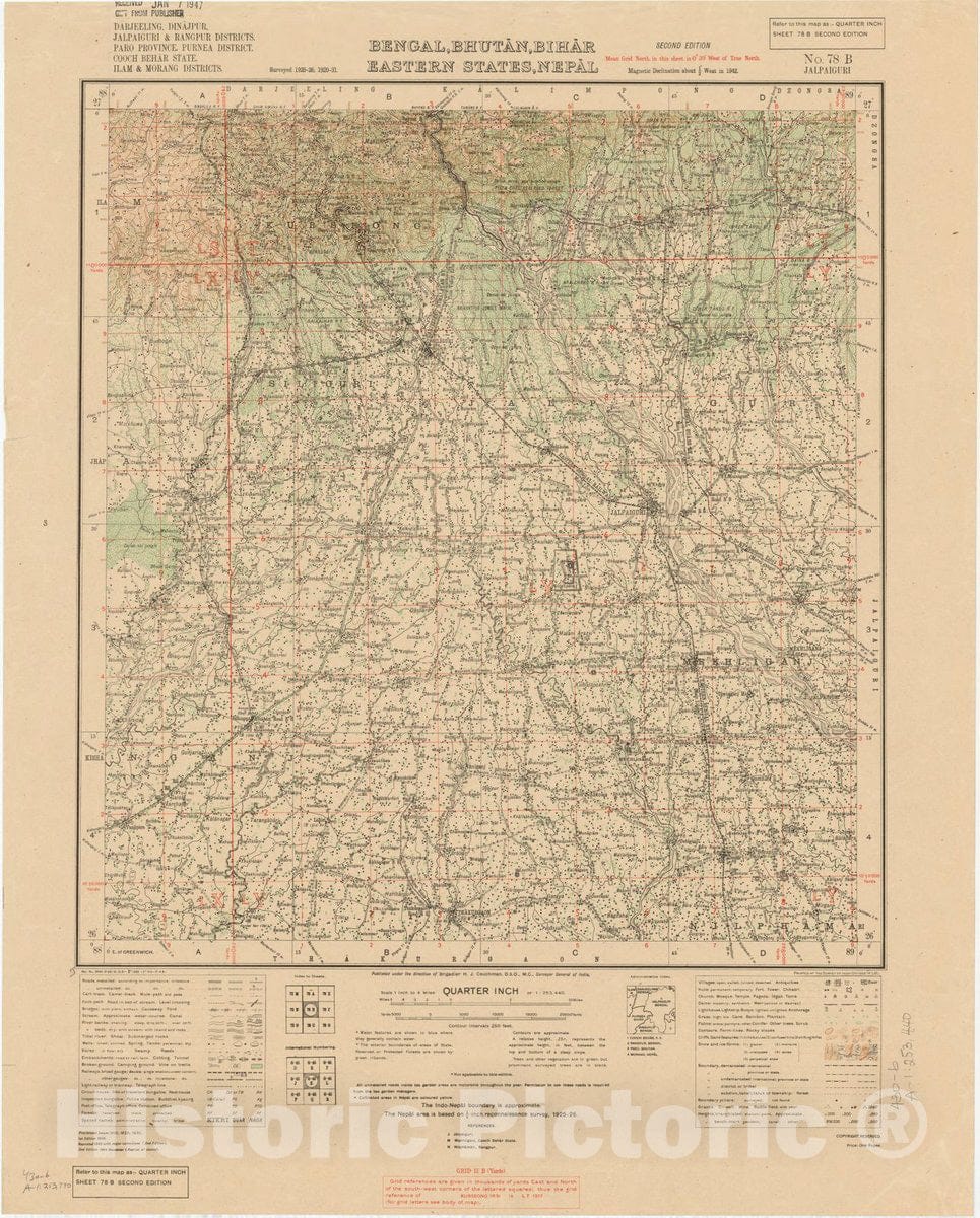 Map : Darjeeling, Dinajpur, Jalpaiguri & Rangpur Districts, Ilam & Morang Districts, Bengal, Bhutan, Bihar, eastern States, Nepal, No. 78 B 1944, India 1:253,440