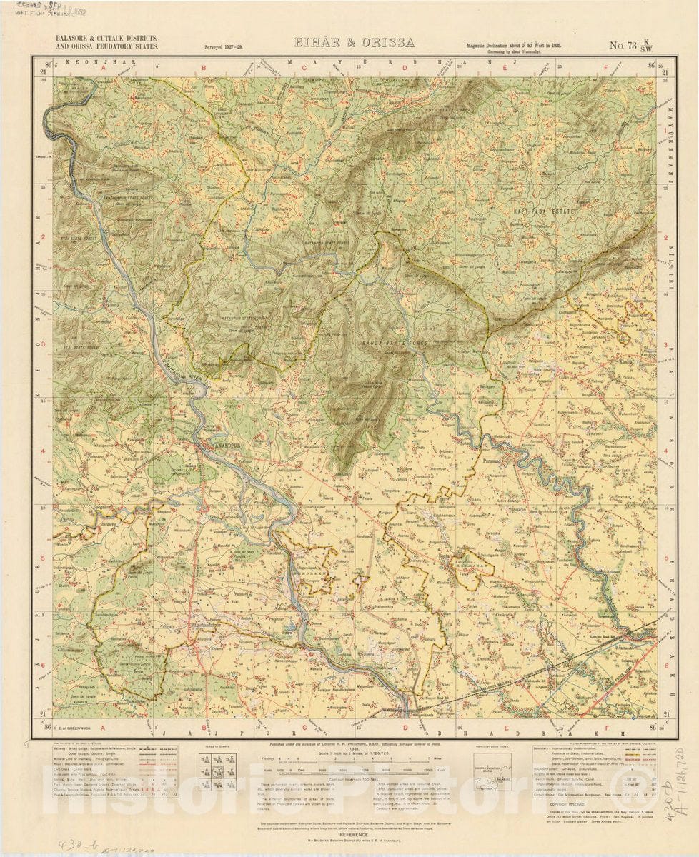 Map : Balasore & Cuttack Districts, and Orissa Feudatory States, Bihar & Orissa,No. 73 K/S.W. 1931, India and adjacent countries, Antique Vintage Reproduction