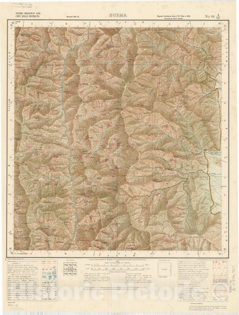 Map : Upper Chindwin and Chin Hills Districts, Burma, No. 84 E/S.E. 1934, India and adjacent countries, Antique Vintage Reproduction