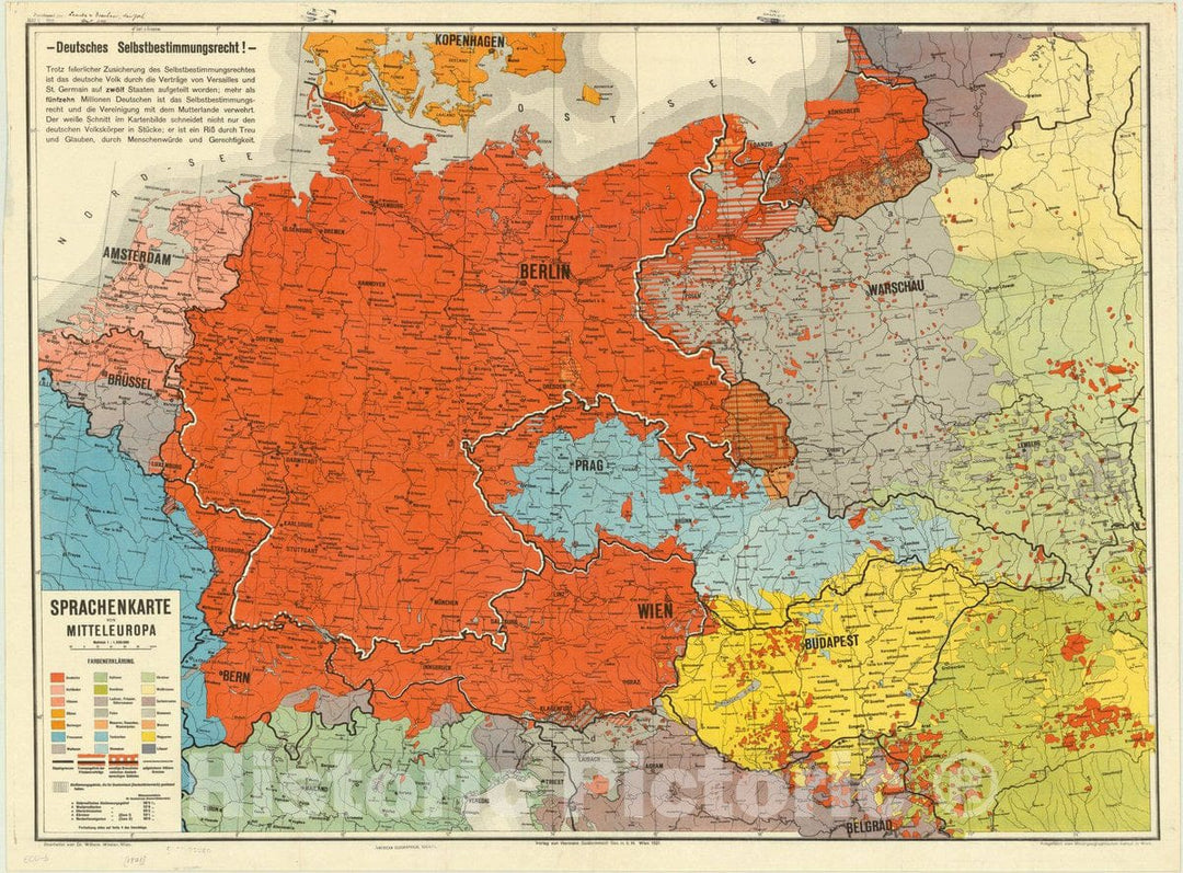 Map : Central Europe 1921, Sprachenkarte von Mitteleuropa , Antique Vintage Reproduction