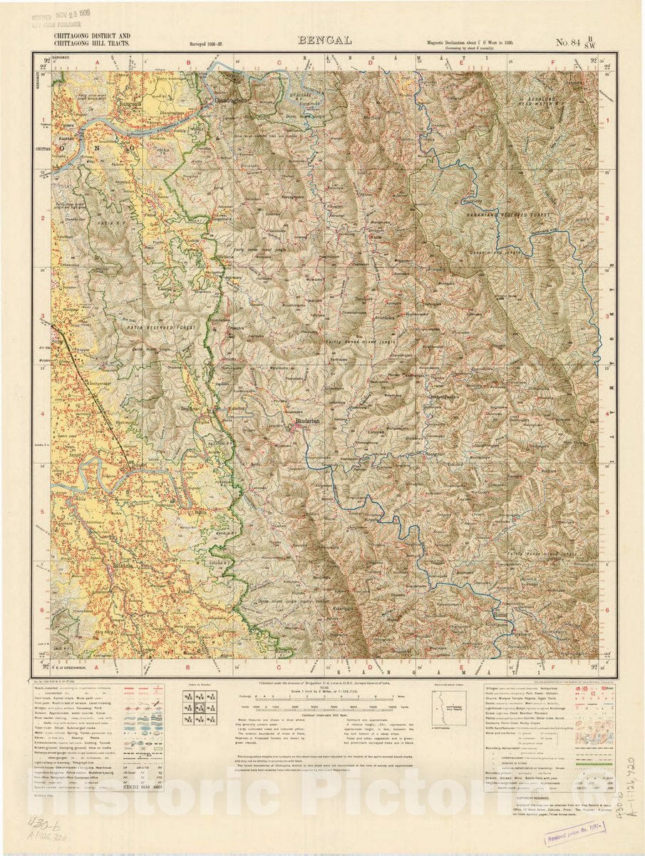 Map : Chittagong District and Chittagong Hill Tracts, Bengal No. 84 B/S.W. 1938, India and adjacent countries, Antique Vintage Reproduction