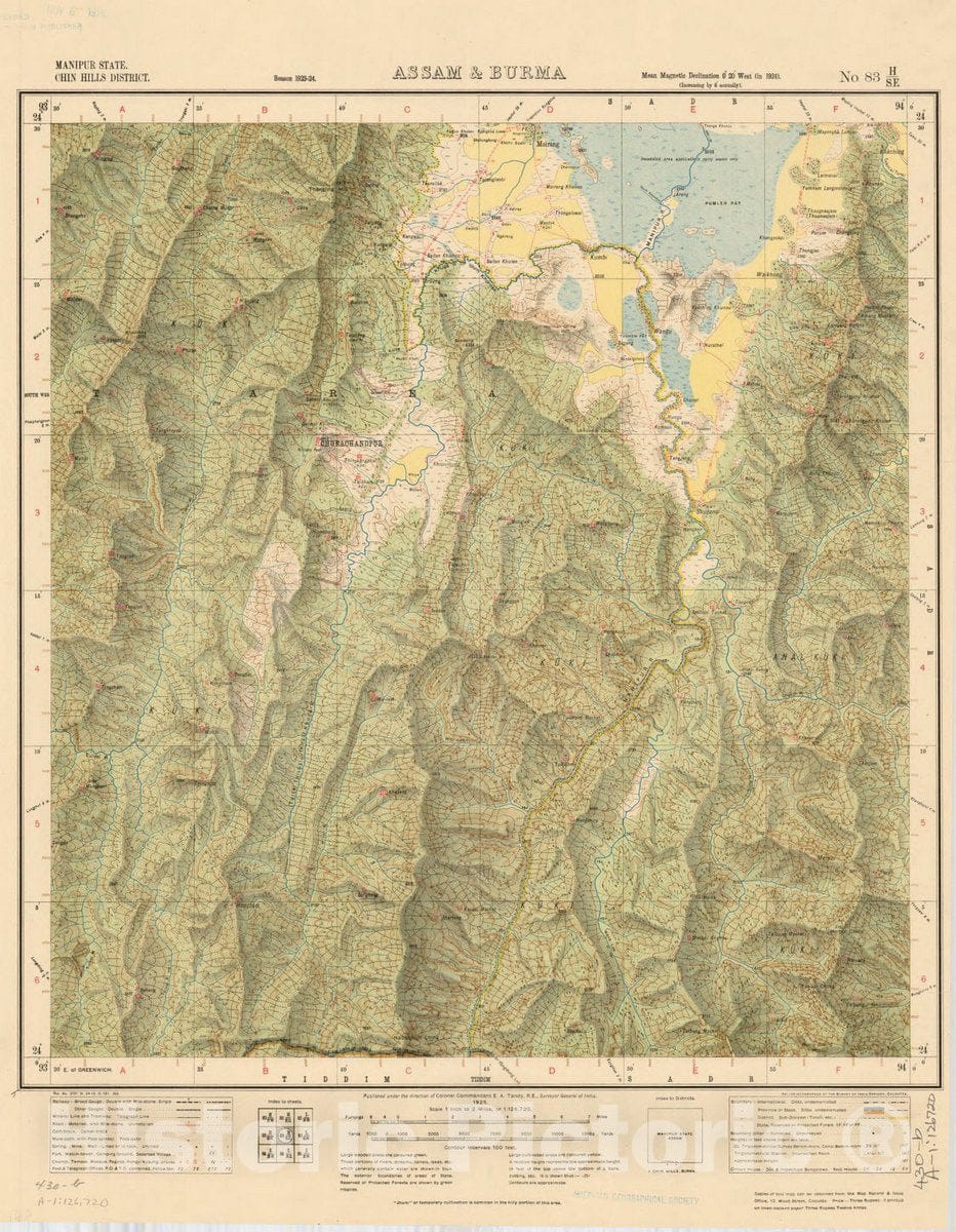 Map : Manipur State, Chin Hills District, Assam & Burma, No. 83 H/S.E. 1925, India and adjacent countries, Antique Vintage Reproduction