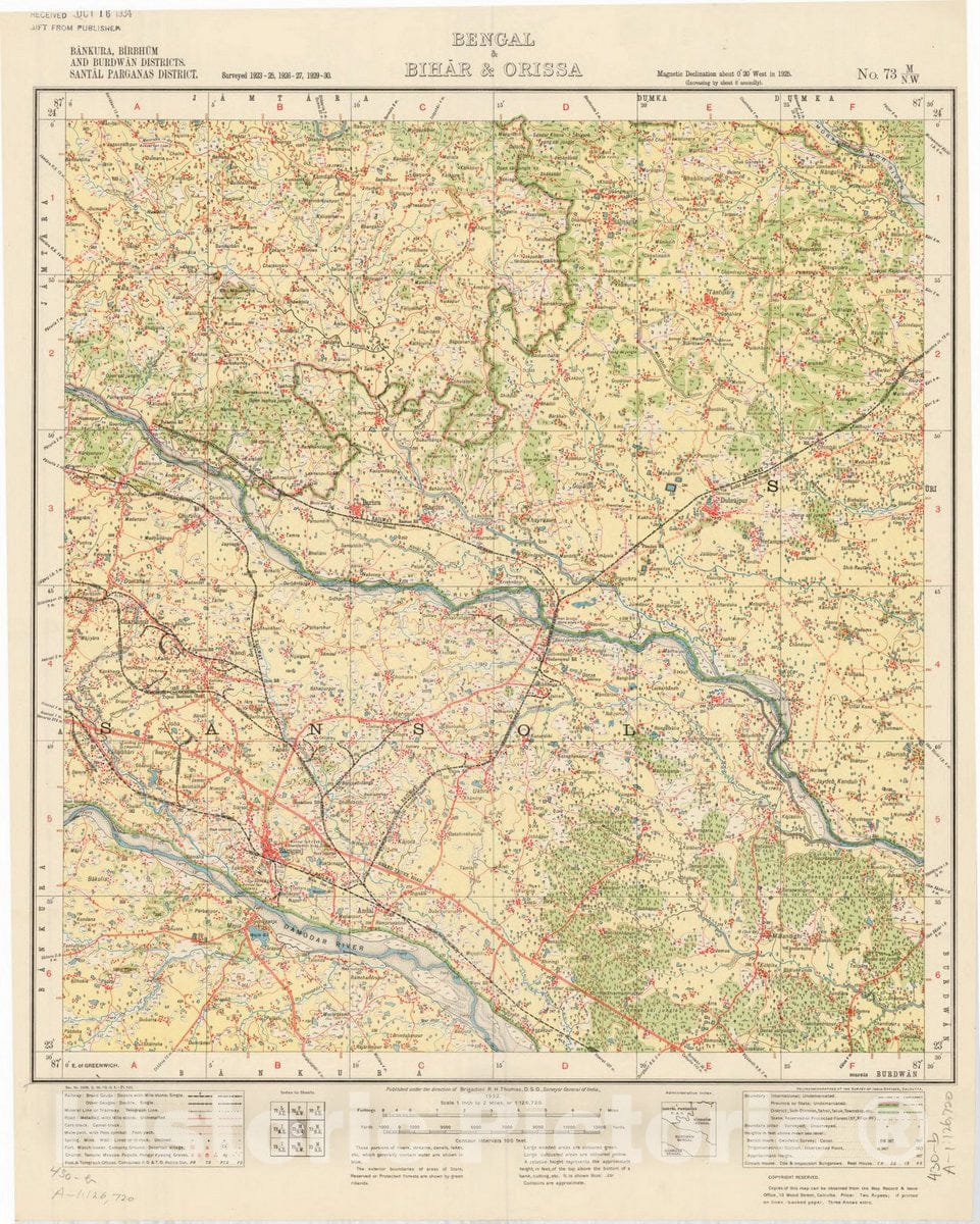 Historic Map : Bankura, Birbhum and Burdwan Districts, Santal Parganas District, Bengal & Bihar & Orissa, No. 73 M/N.W. 1932, India and adjacent countries, Antique Vintage Reproduction