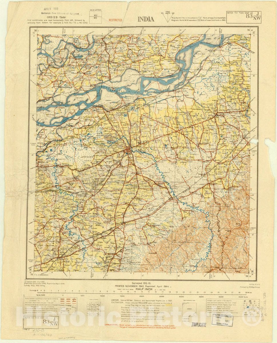 Map : India No. 83 J/N.W. 1944, India and adjacent countries, Antique Vintage Reproduction